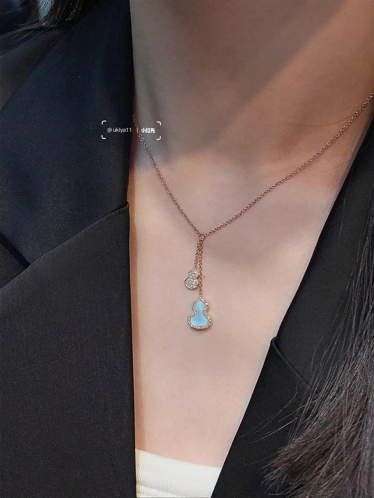 Qeelin Wulu necklace Rose gold with diamond accents available with white mother-of-pearl green jade pink opal or red carnelian inlay 40-45cm adjustable
