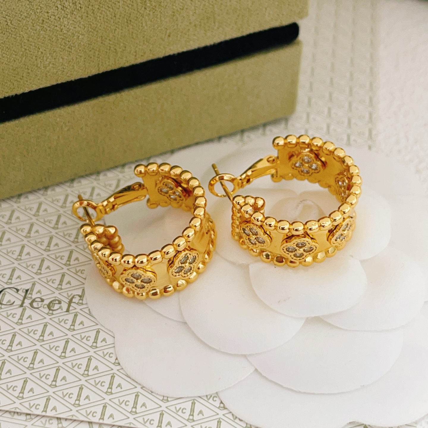 Van Cleef Arpels Perlee Clovers earrings yellow gold with clear diamond accents 12mm hoop diameter