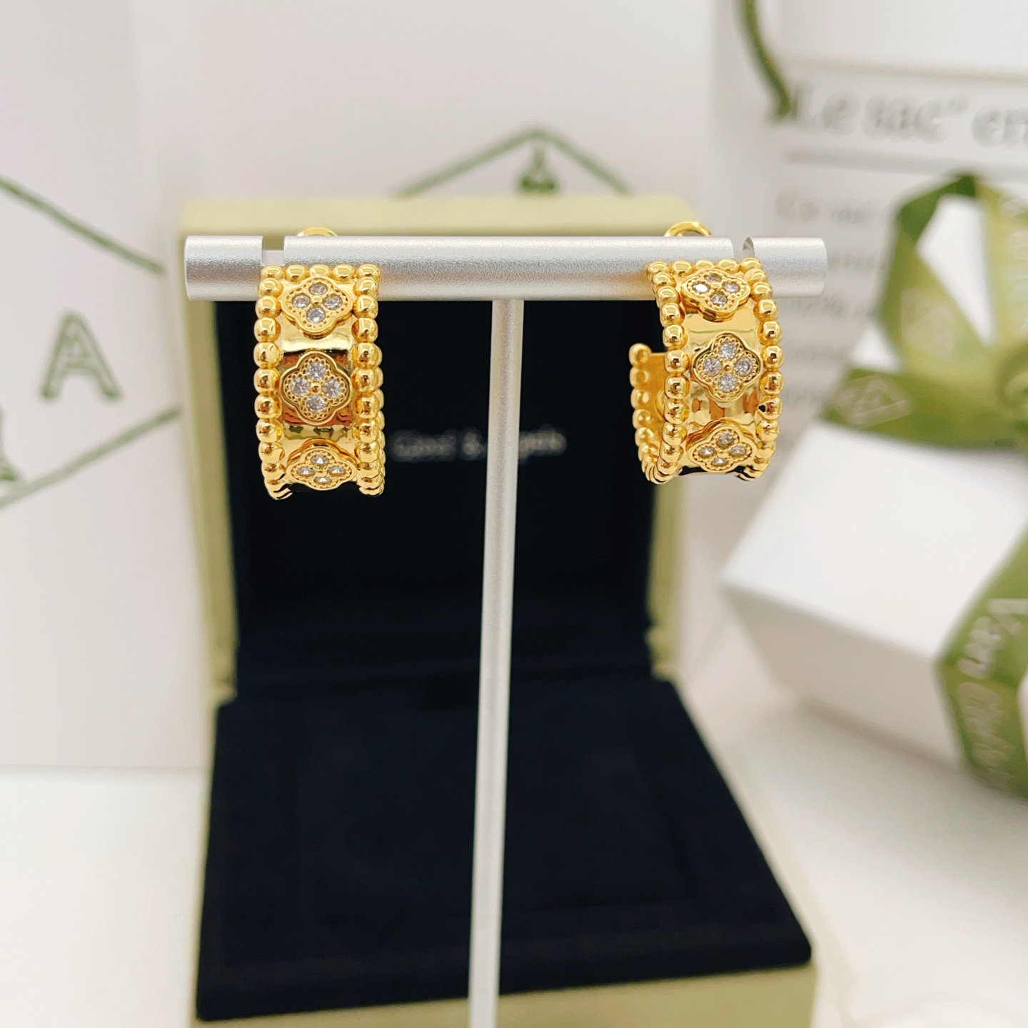 Van Cleef Arpels Perlee Clovers earrings yellow gold with clear diamond accents 12mm hoop diameter