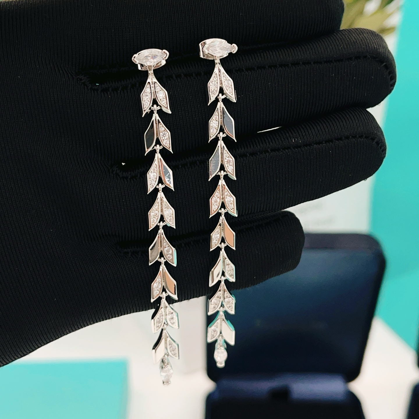 Tiffany Co Victoria Vine Drop Earrings earrings Sterling silver with clear diamond gemstones 6 5cm length