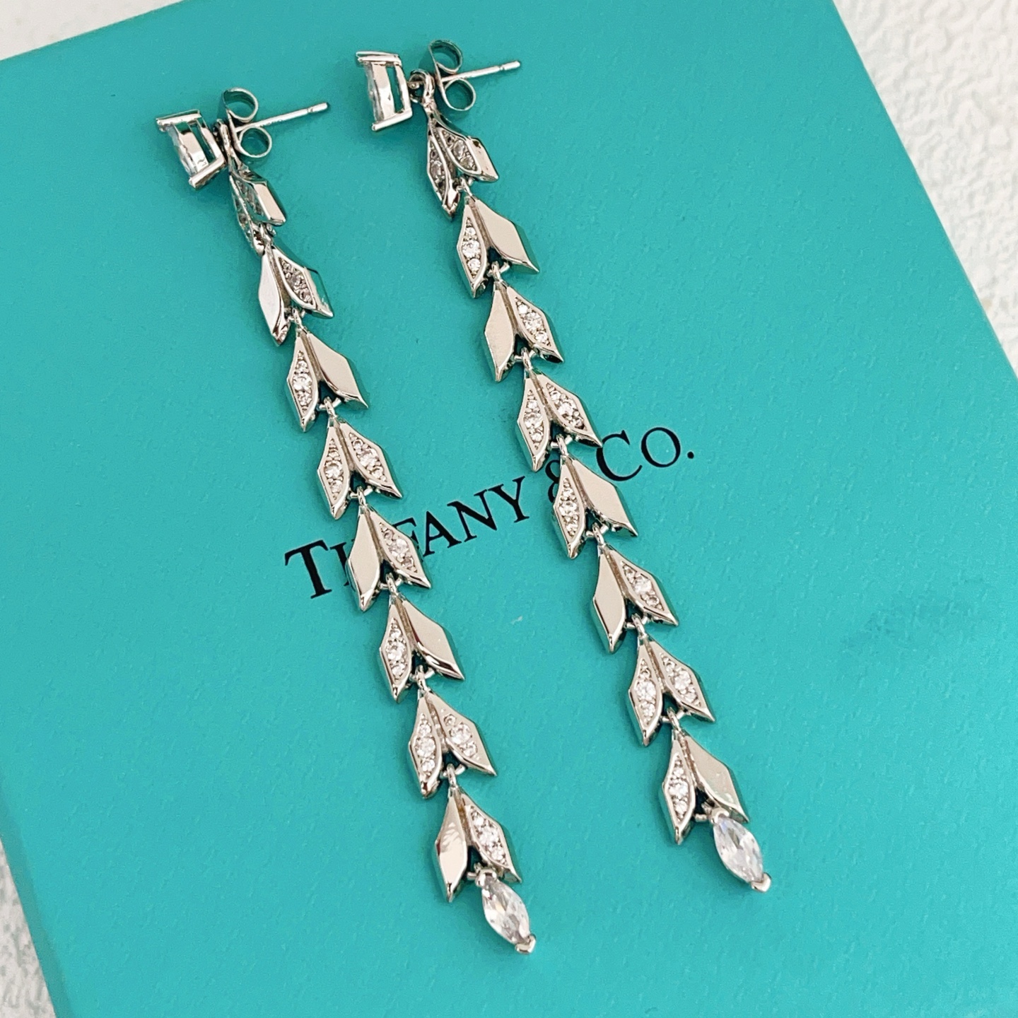 Tiffany Co Victoria Vine Drop Earrings earrings Sterling silver with clear diamond gemstones 6 5cm length