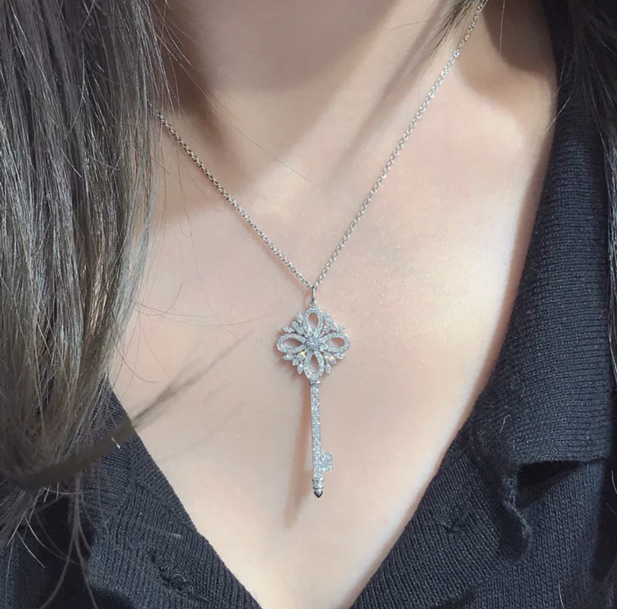 Tiffany Co Tiffany Keys Victoria Key Pendant necklace sterling silver with clear diamond-like gemstones 18 inch adjustable chain