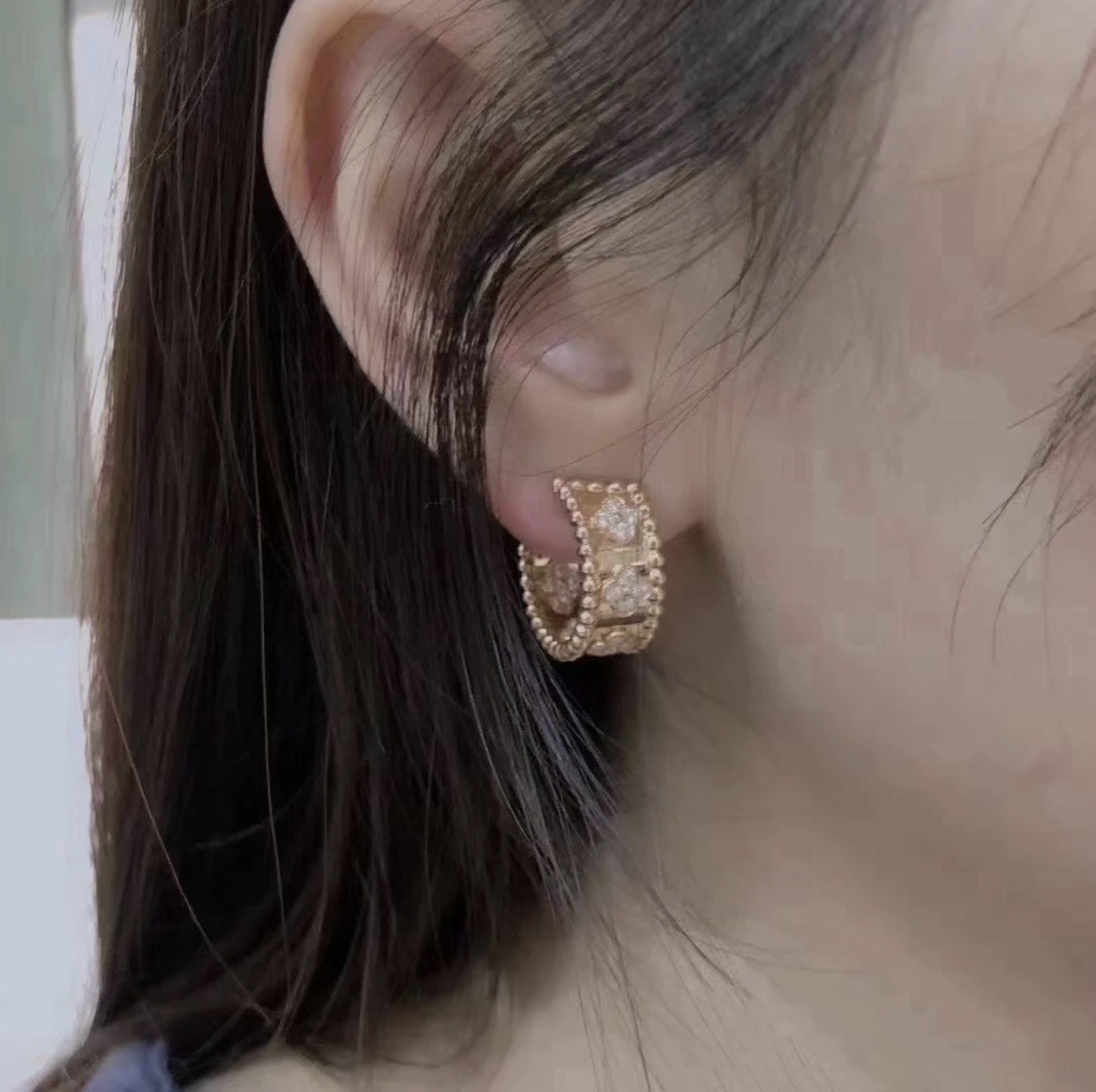 Van Cleef Arpels Perlee Clovers earrings yellow gold with clear diamond accents 12mm hoop diameter