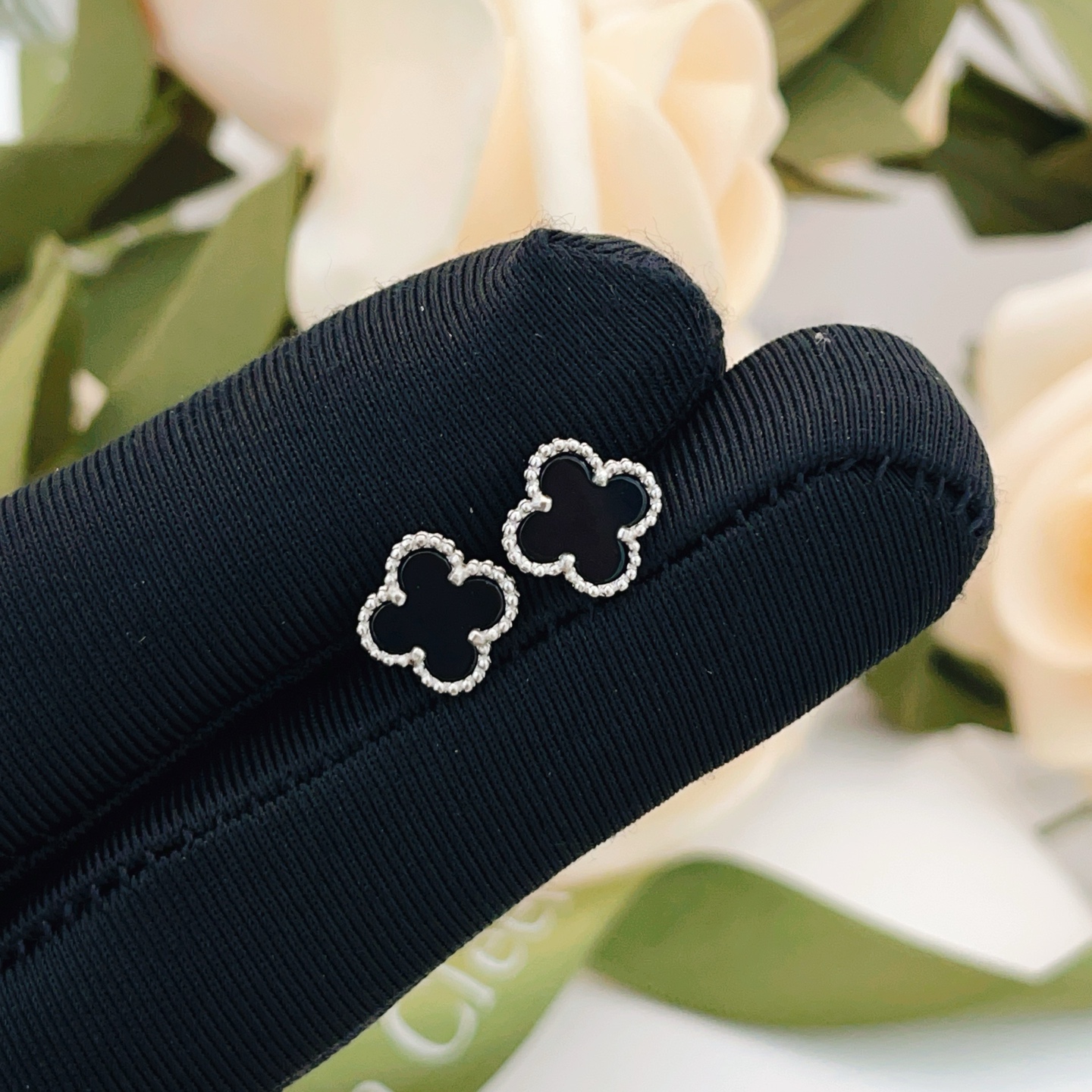 Van Cleef Arpels Sweet Alhambra earrings white gold metal with black onyx inlay 9 5mm motif diameter