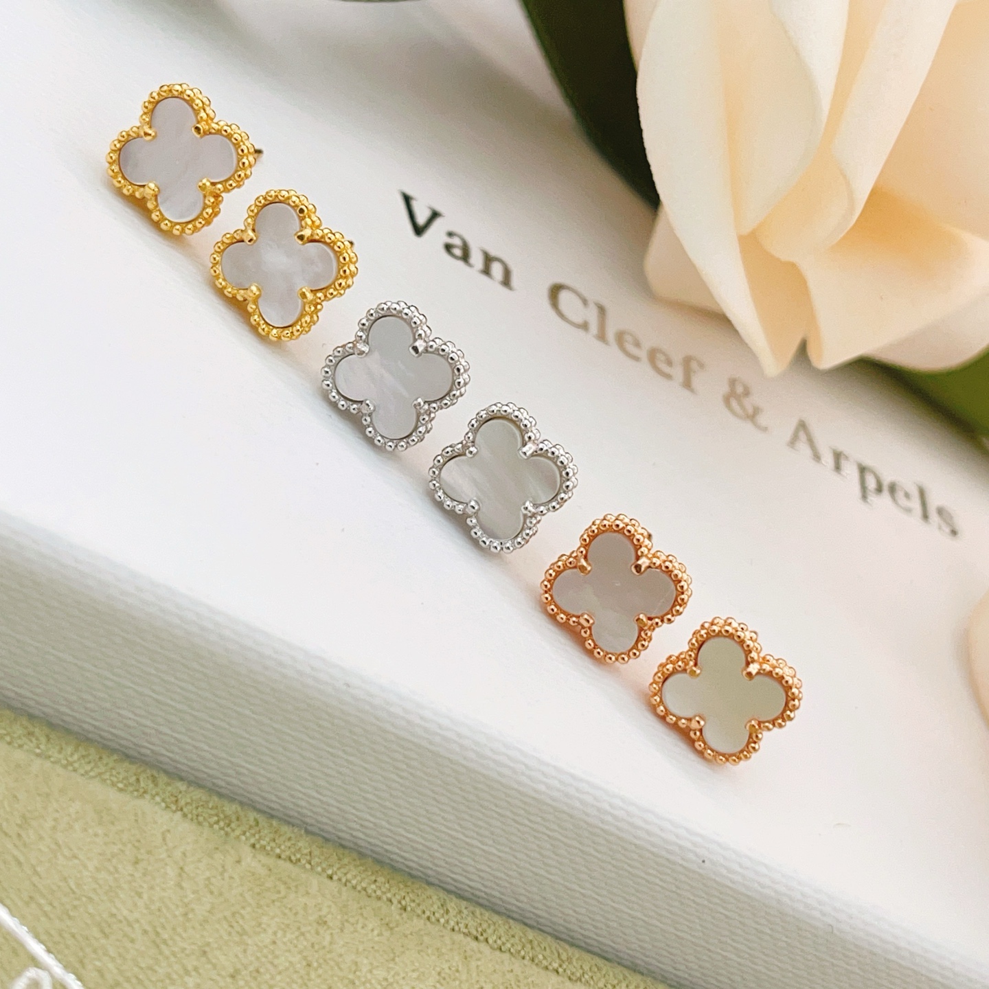Van Cleef Arpels Sweet Alhambra earrings white gold metal white mother-of-pearl stone 9mm motif diameter