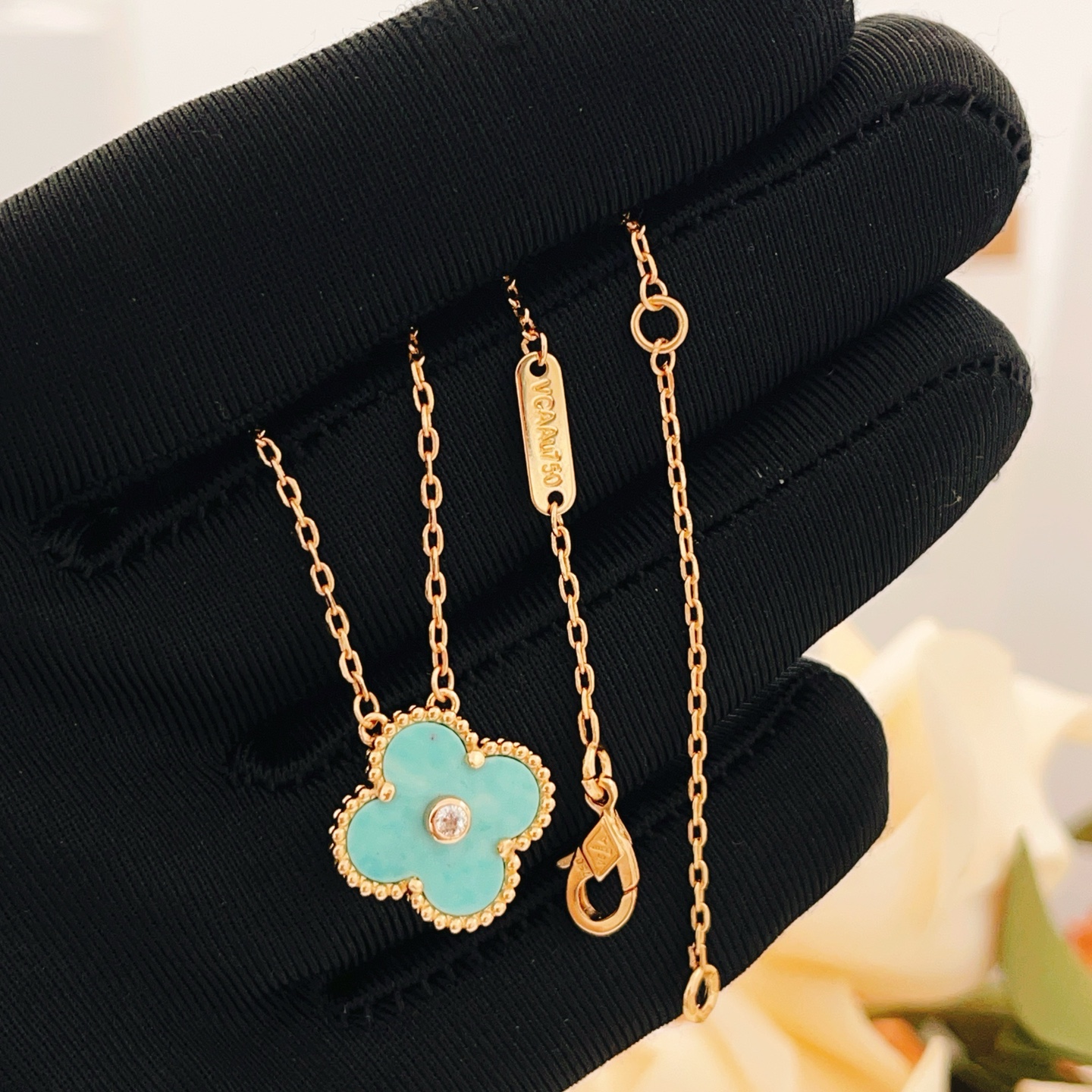 Van Cleef Arpels Alhambra necklace 18K yellow gold turquoise diamond 42cm