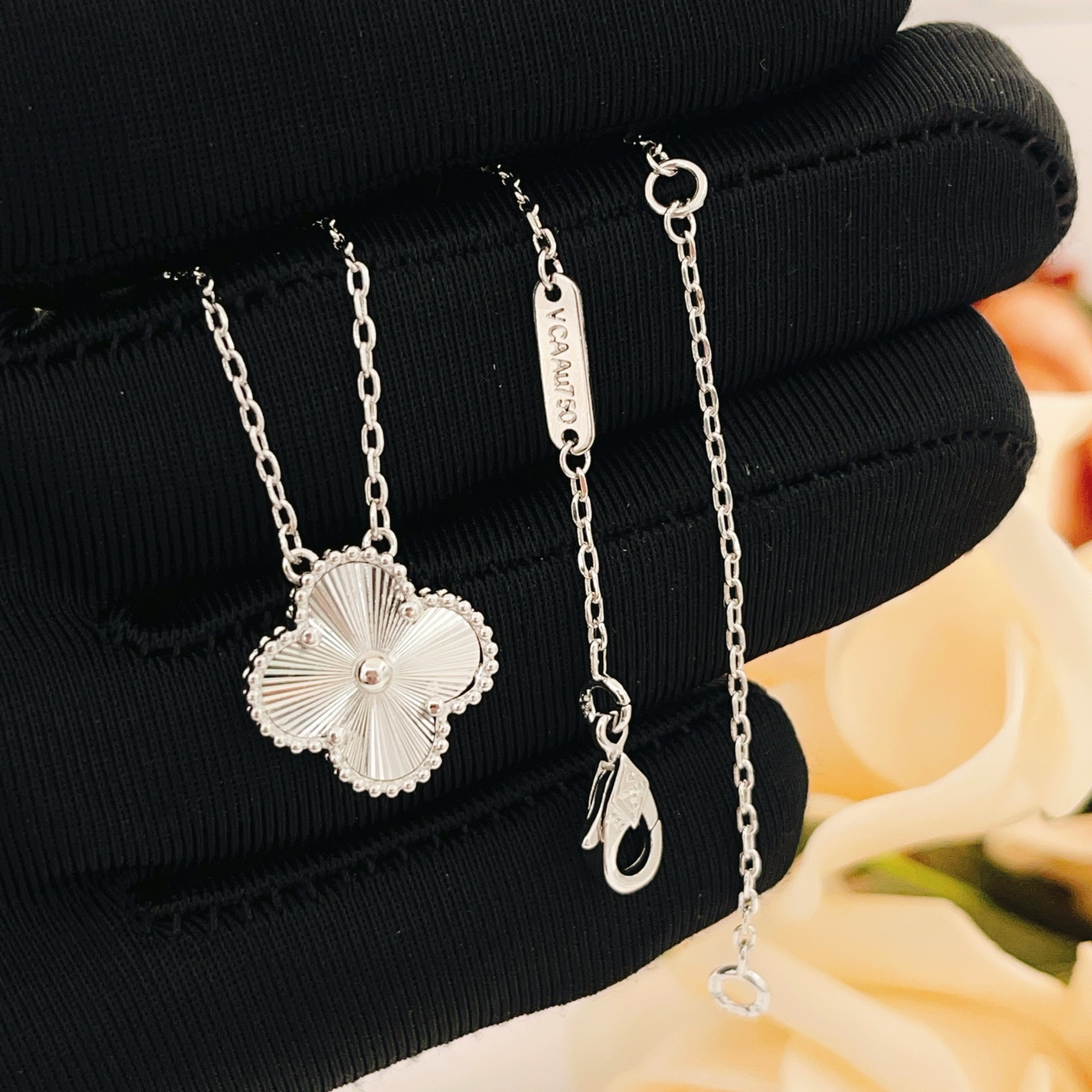Van Cleef Arpels Alhambra necklace silver white gold with guilloche silver clover pendant 42cm