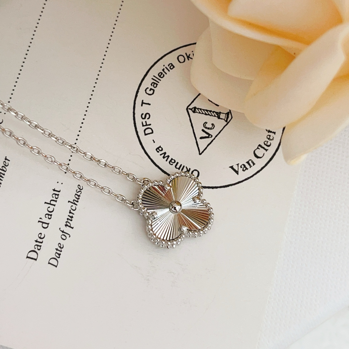 Van Cleef Arpels Alhambra necklace silver white gold with guilloche silver clover pendant 42cm
