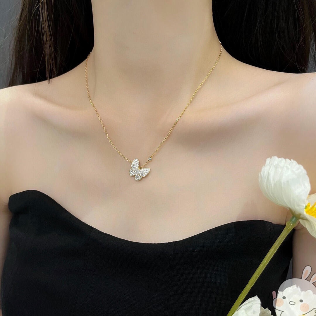 Collana Van Cleef Arpels Two Butterfly in oro giallo con pavé di diamanti trasparenti da 42 cm con prolunga da 5 cm