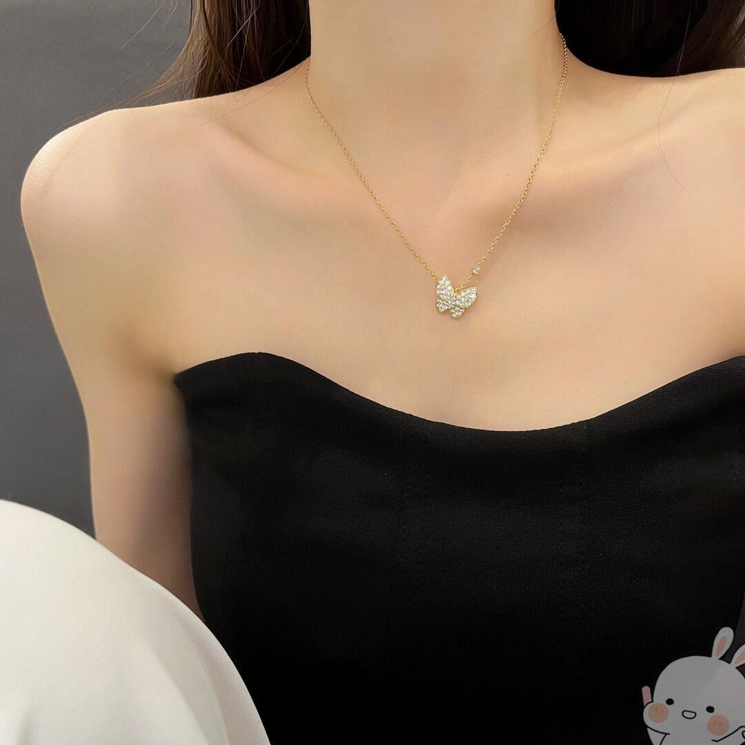 Collana Van Cleef Arpels Two Butterfly in oro giallo con pavé di diamanti trasparenti da 42 cm con prolunga da 5 cm
