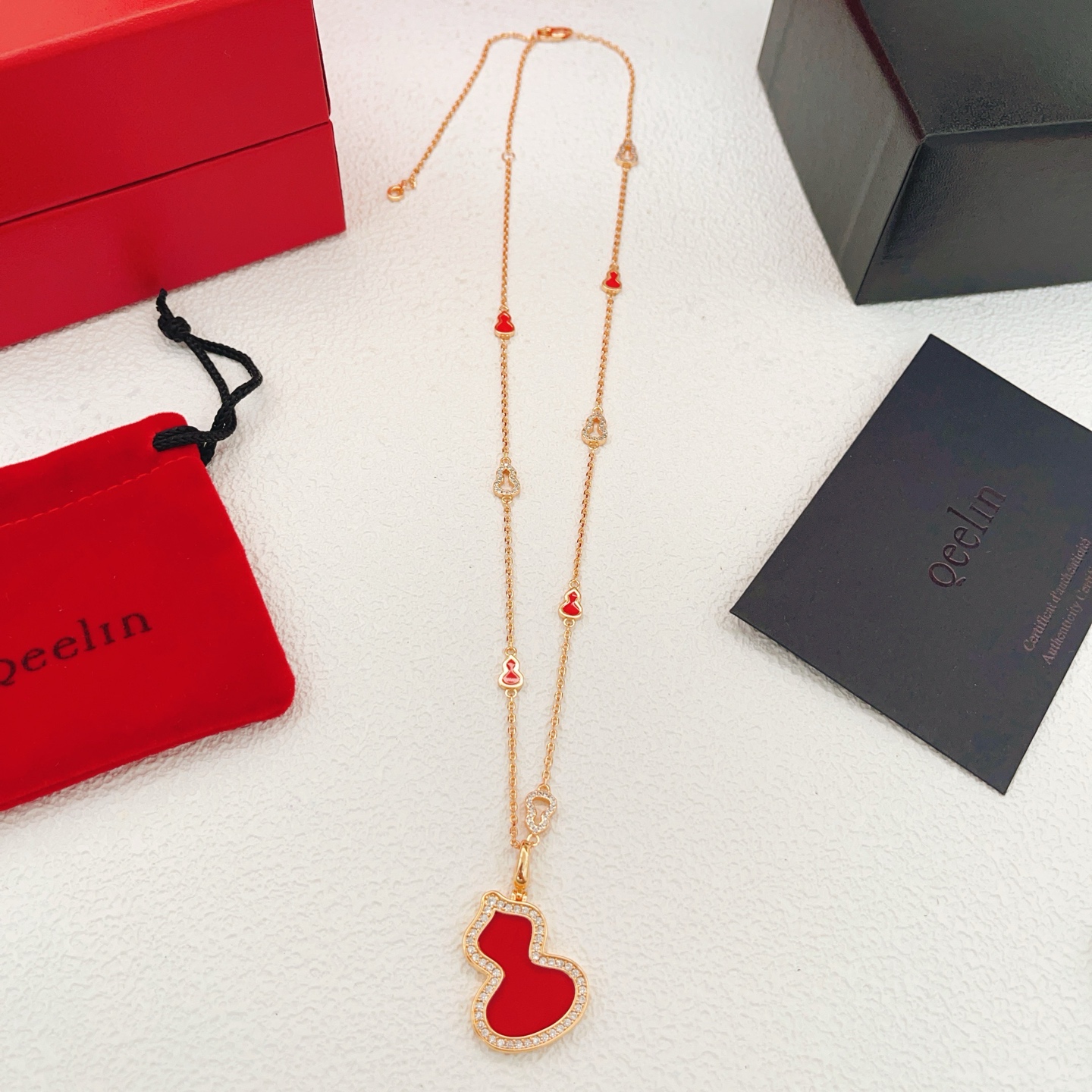 Qeelin Wulu necklace rose gold red carnelian clear diamond 42cm