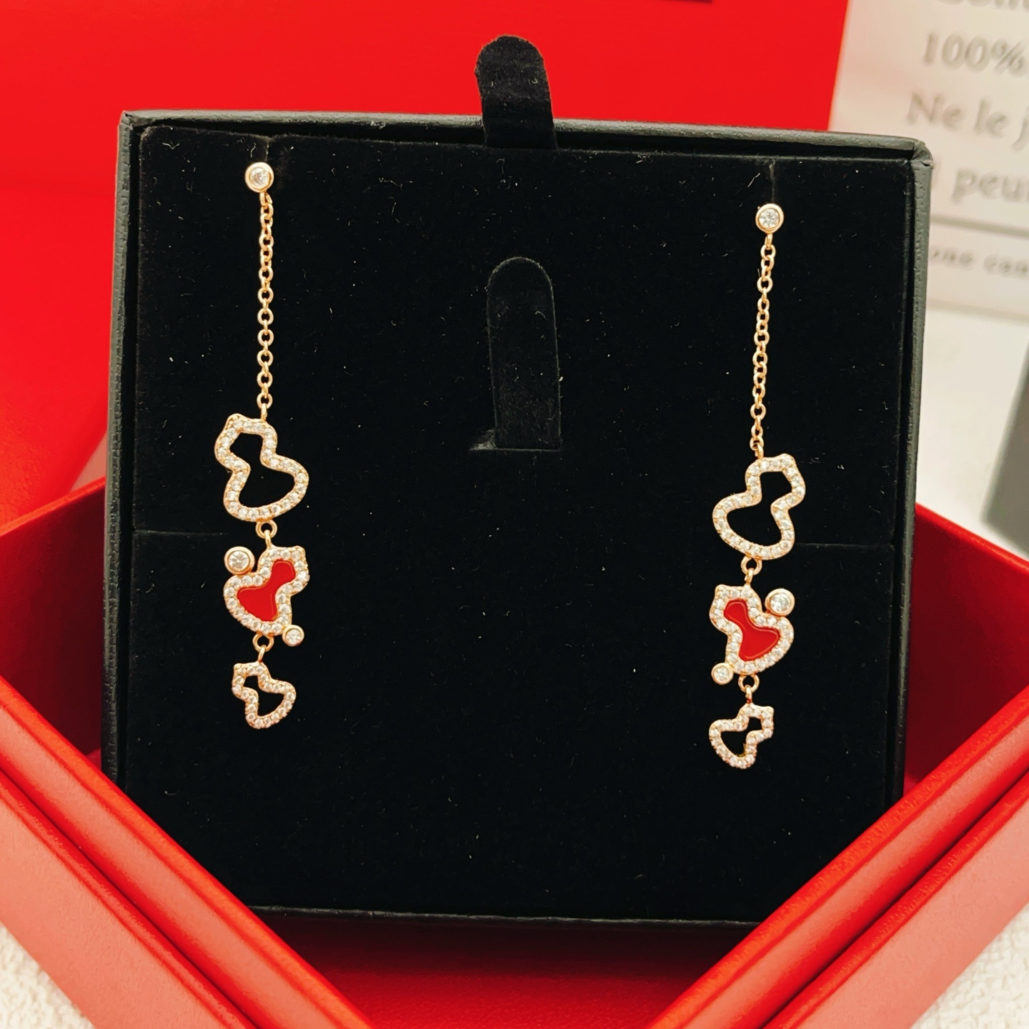 Qeelin Wulu earrings rose gold metal red carnelian inlay clear diamond accents 4 5cm drop length