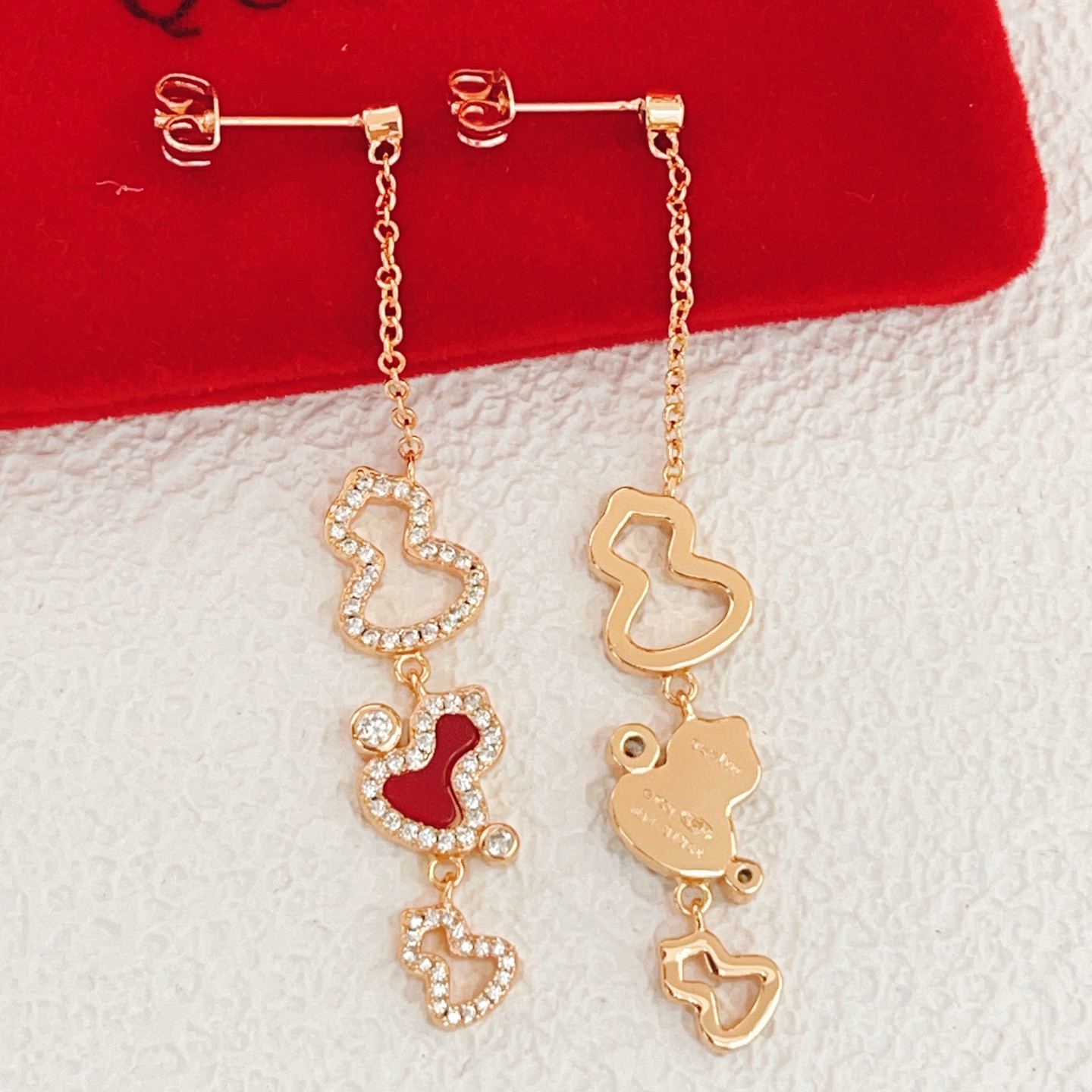 Qeelin Wulu earrings rose gold metal red carnelian inlay clear diamond accents 4 5cm drop length