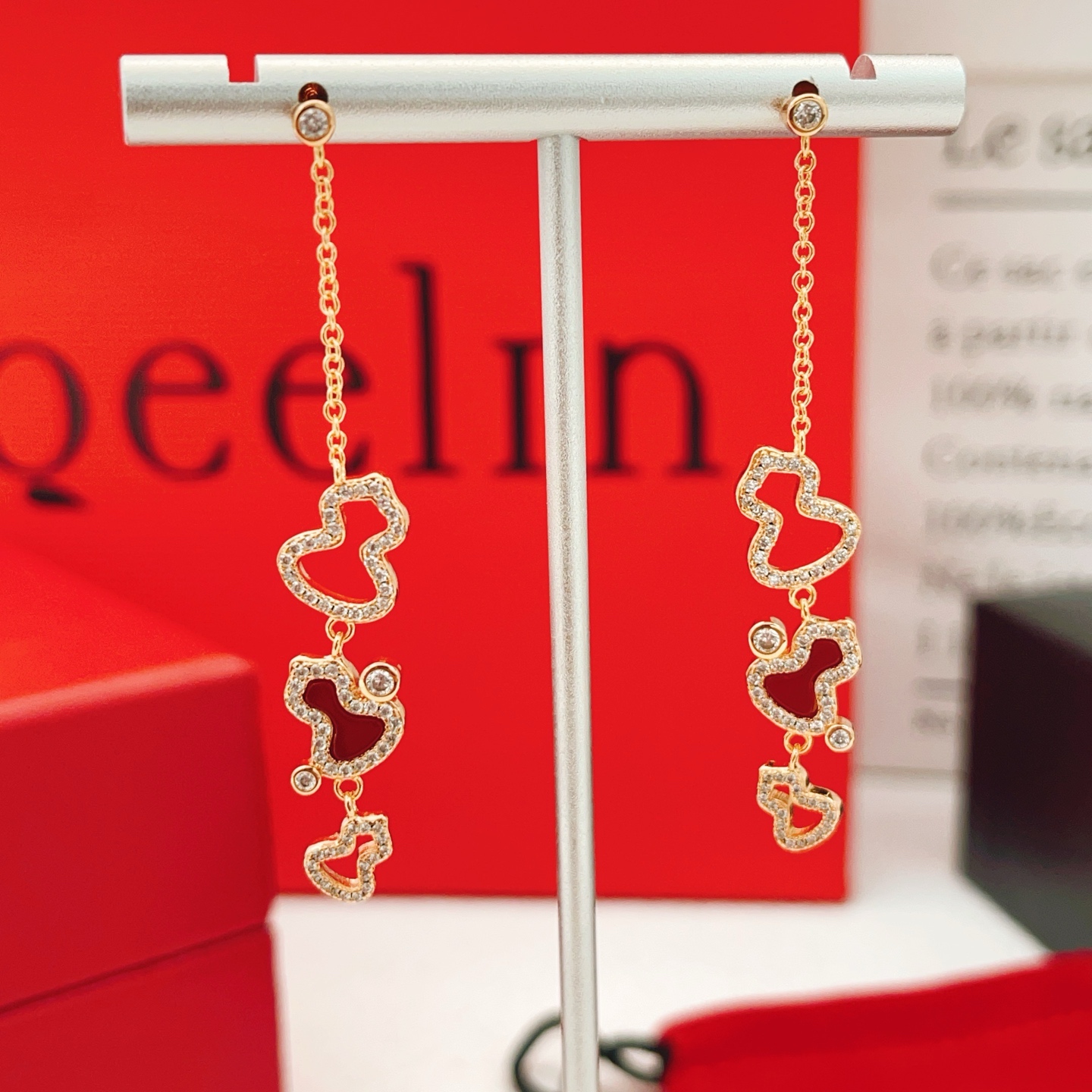 Qeelin Wulu earrings rose gold metal red carnelian inlay clear diamond accents 4 5cm drop length