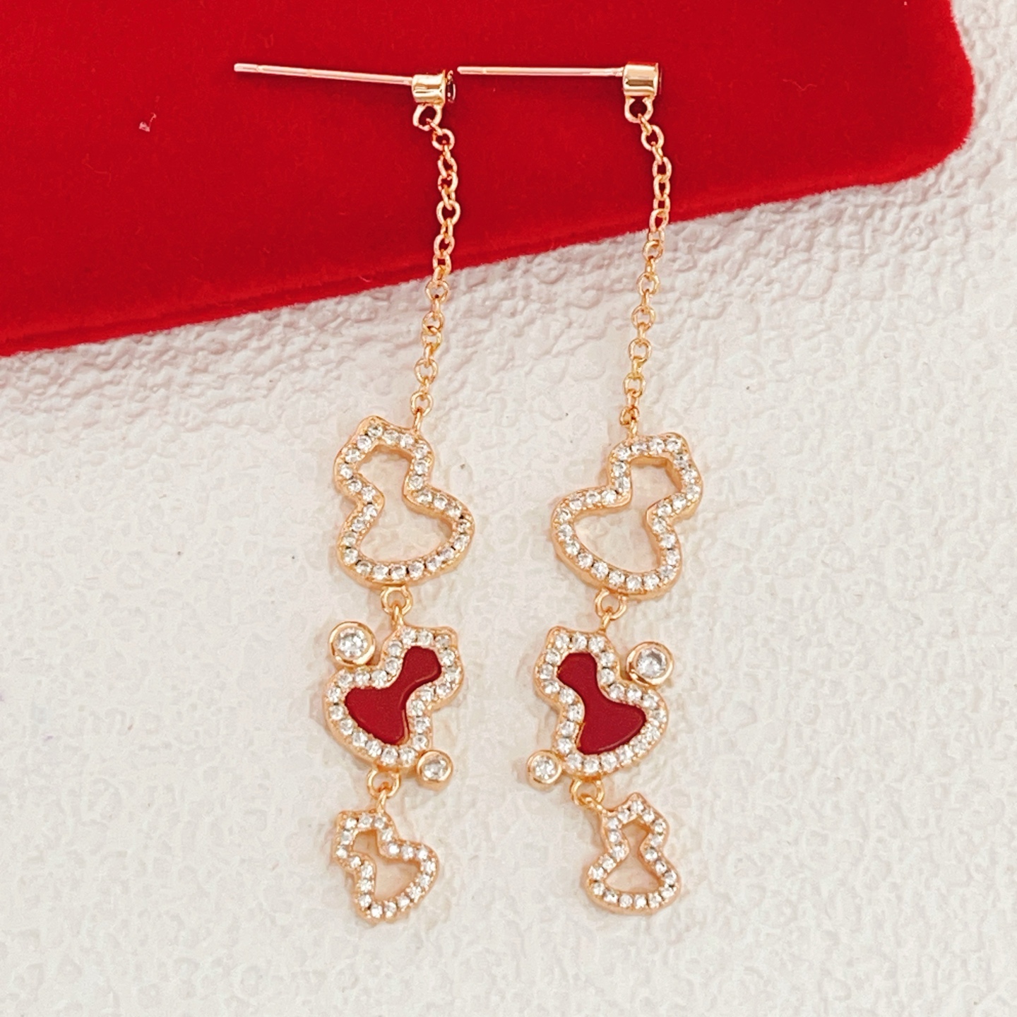 Qeelin Wulu earrings rose gold metal red carnelian inlay clear diamond accents 4 5cm drop length