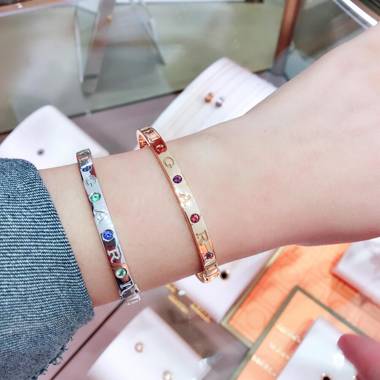Bvlgari Bvlgari B zero1 bracelet Rose gold with green emerald and purple amethyst gemstones 17cm