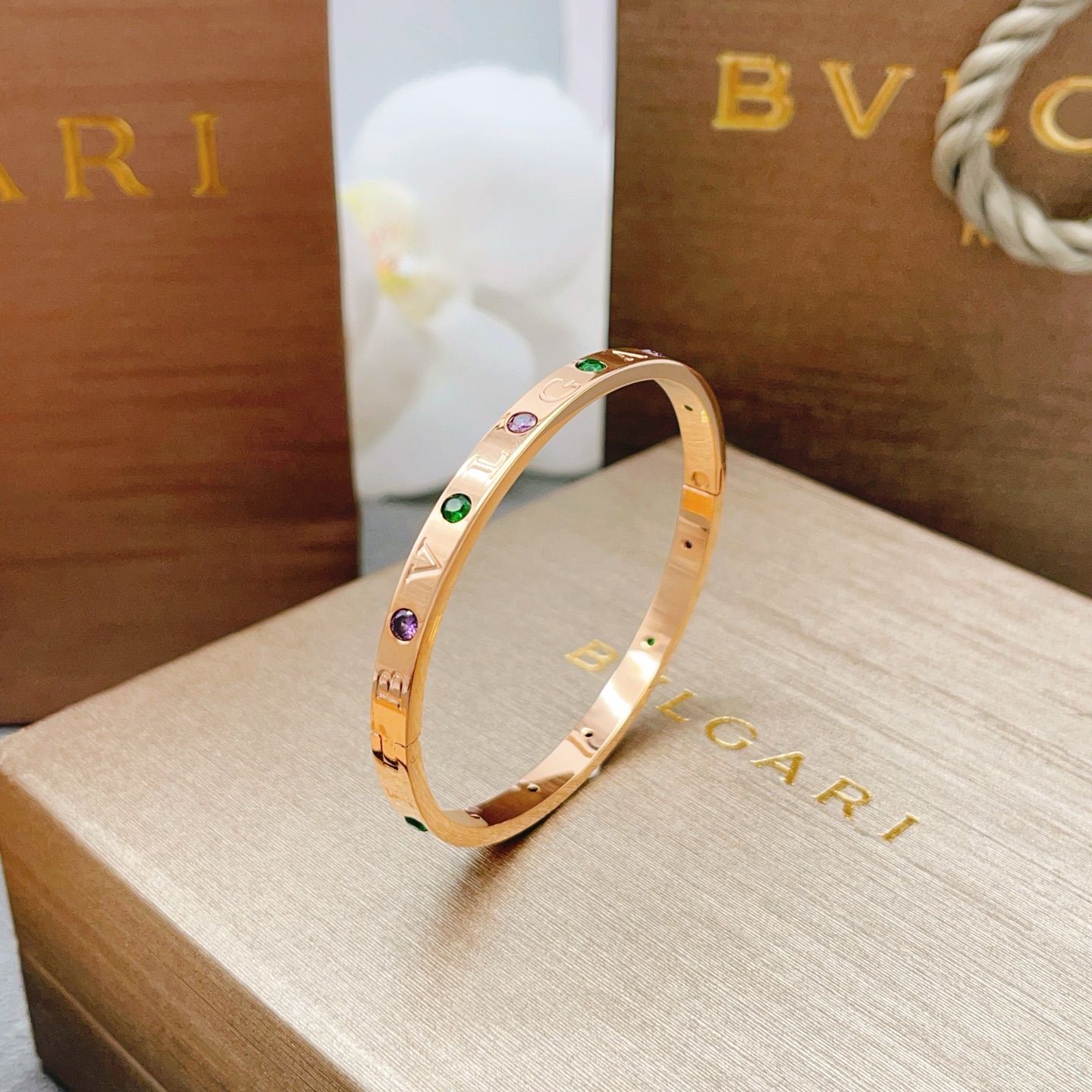 Bvlgari Bvlgari B zero1 bracelet Rose gold with green emerald and purple amethyst gemstones 17cm