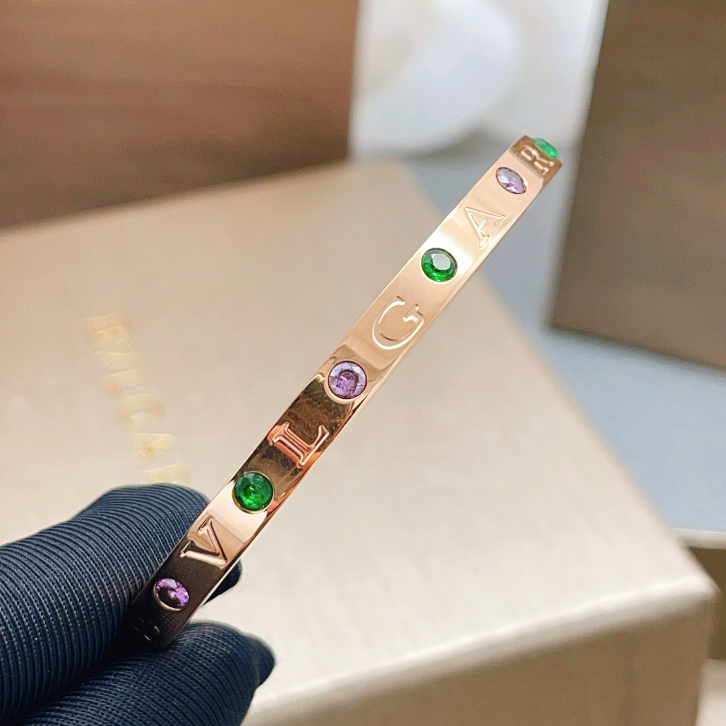 Bvlgari Bvlgari B zero1 bracelet Rose gold with green emerald and purple amethyst gemstones 17cm