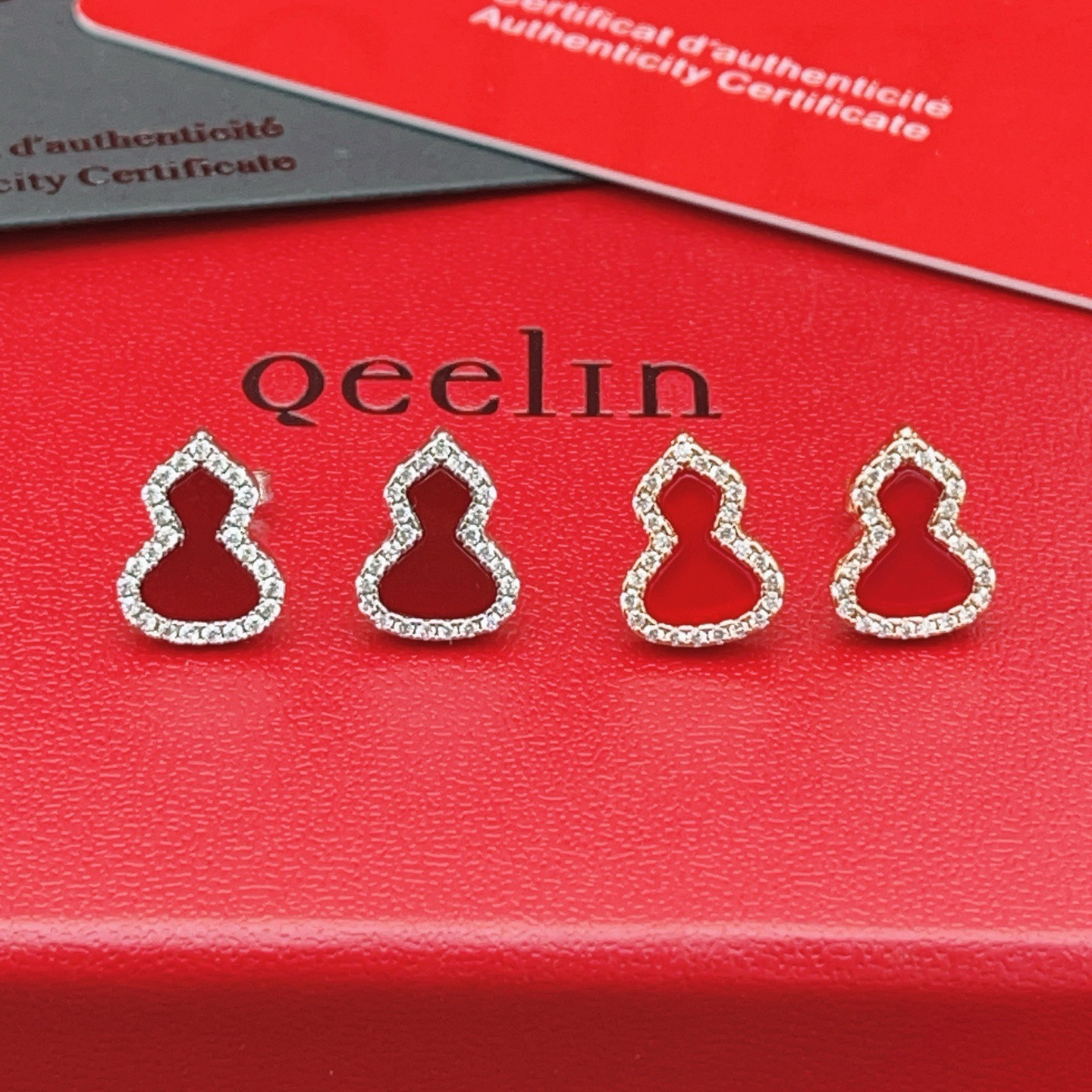 Qeelin Wulu earrings 18k rose gold red carnelian clear diamond pave 8mm stud length