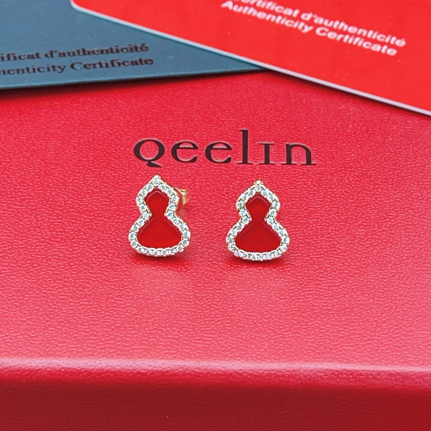 Qeelin Wulu earrings rose gold red carnelian clear diamond 8mm stud length