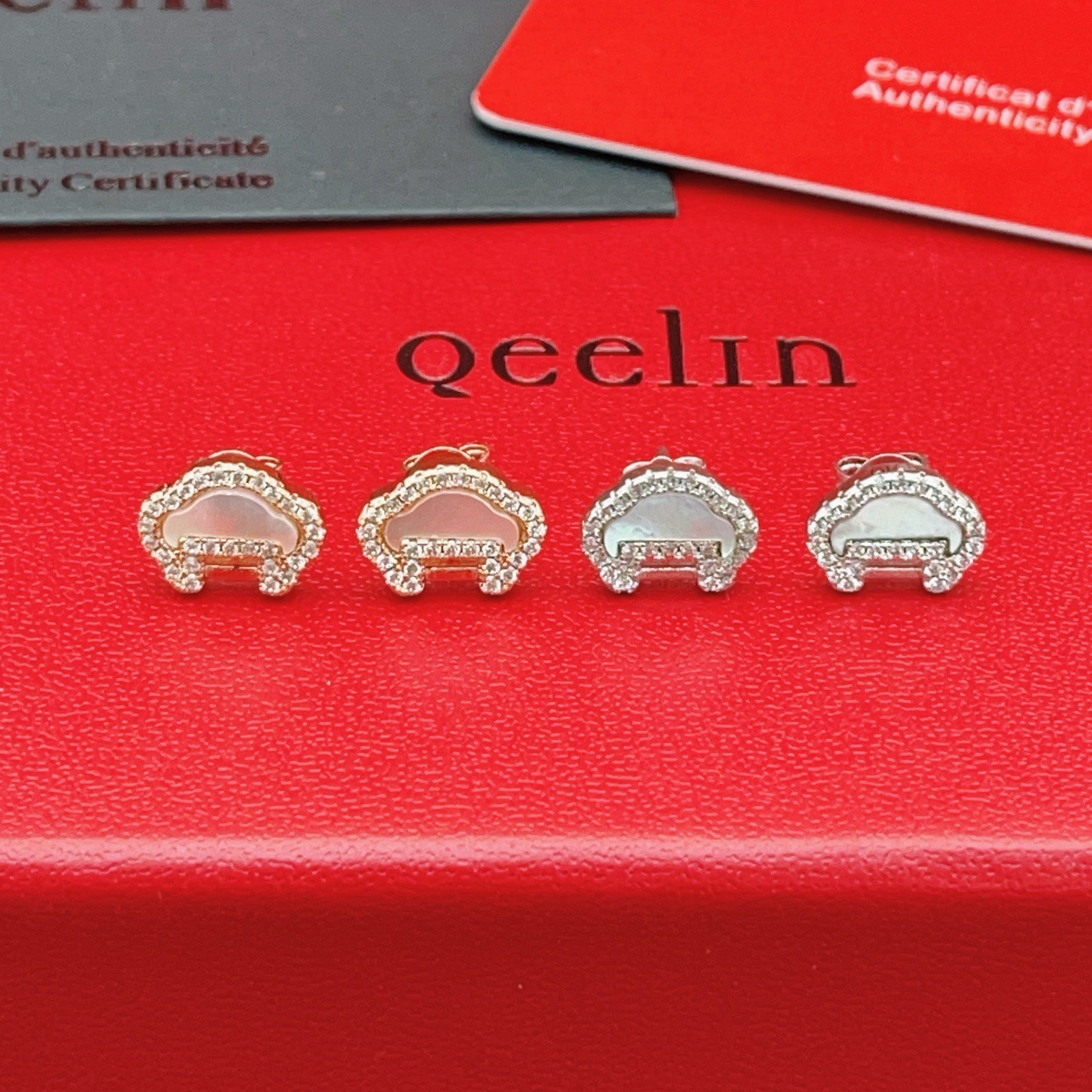 Qeelin Yu Yi earrings 18k rose gold white mother-of-pearl clear diamond 8mm stud diameter