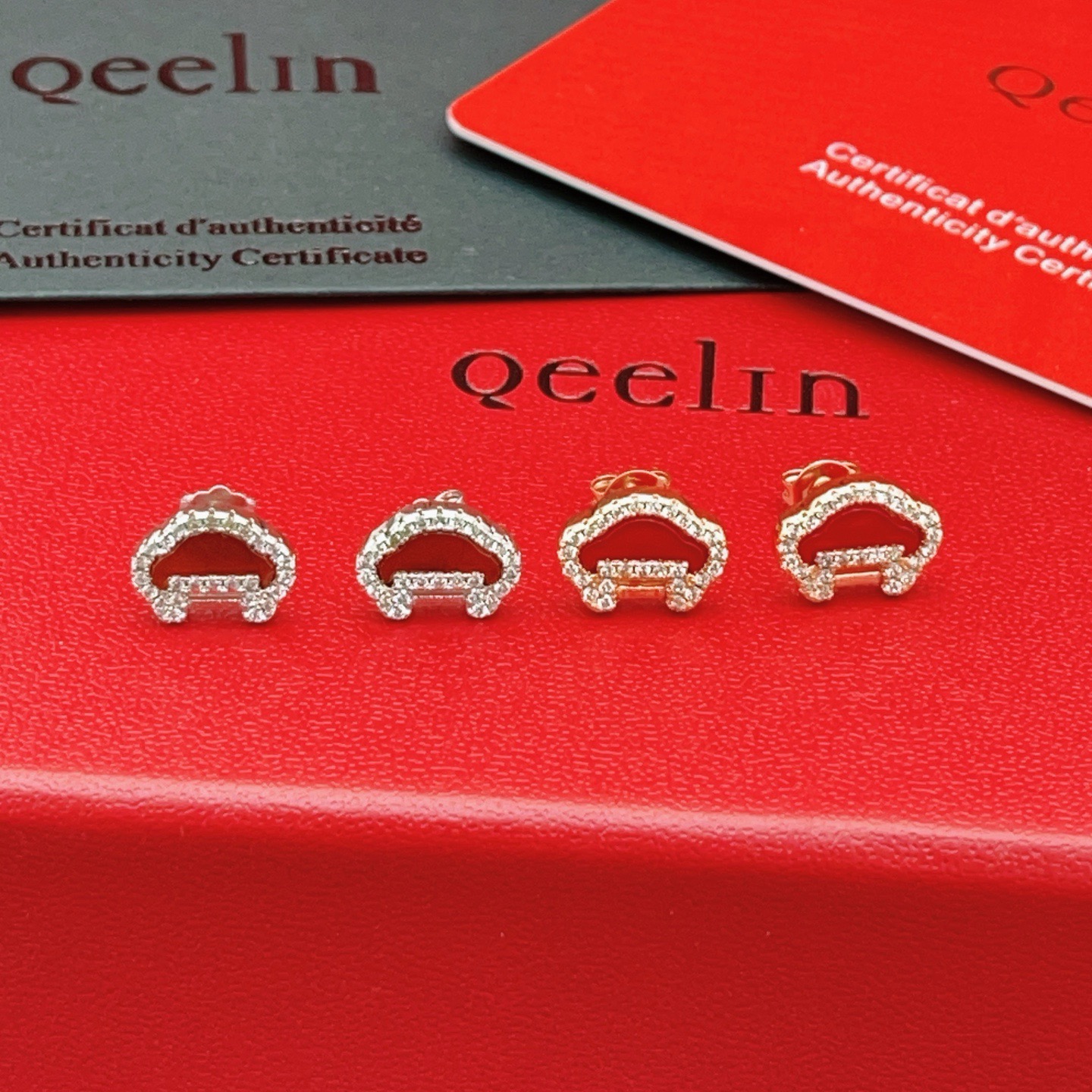 Qeelin Yu Yi earrings 18k rose gold red carnelian white diamond 8mm stud diameter