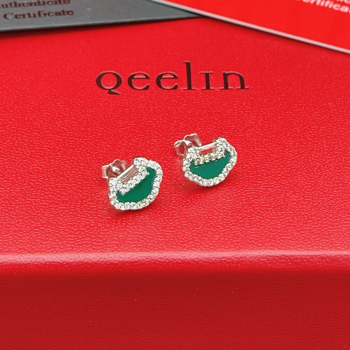 Qeelin ZP Series earrings 18K white gold green gemstone clear diamond accents 8mm stud diameter