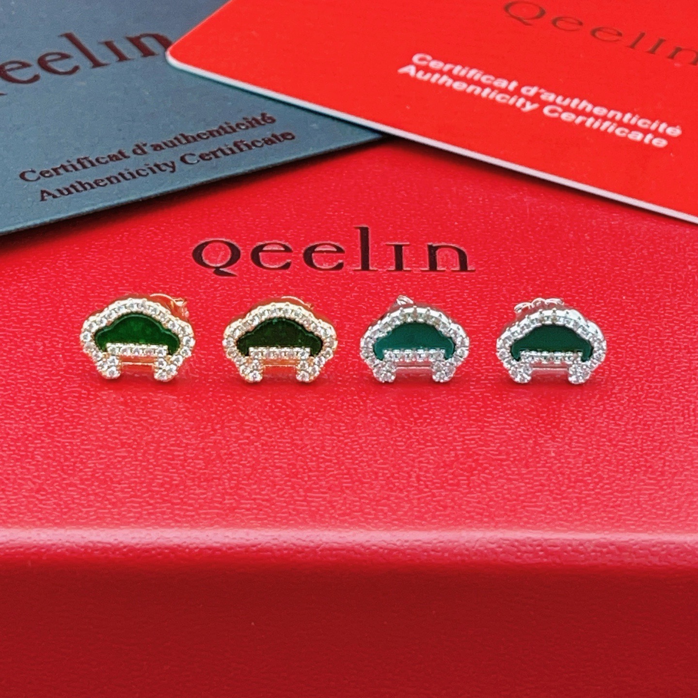 Qeelin ZP Series earrings 18K white gold green gemstone clear diamond accents 8mm stud diameter