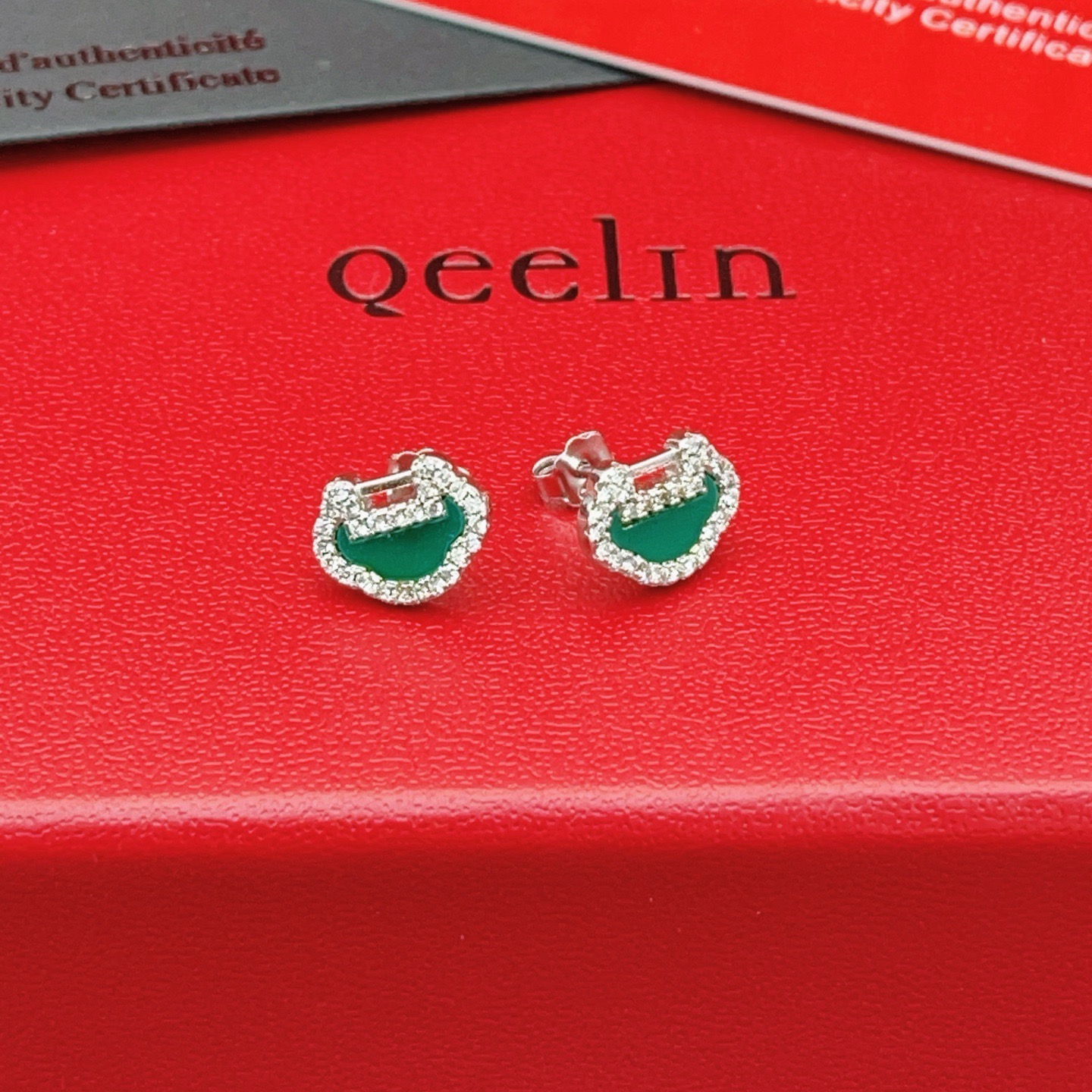 Qeelin ZP Series earrings 18K white gold green gemstone clear diamond accents 8mm stud diameter