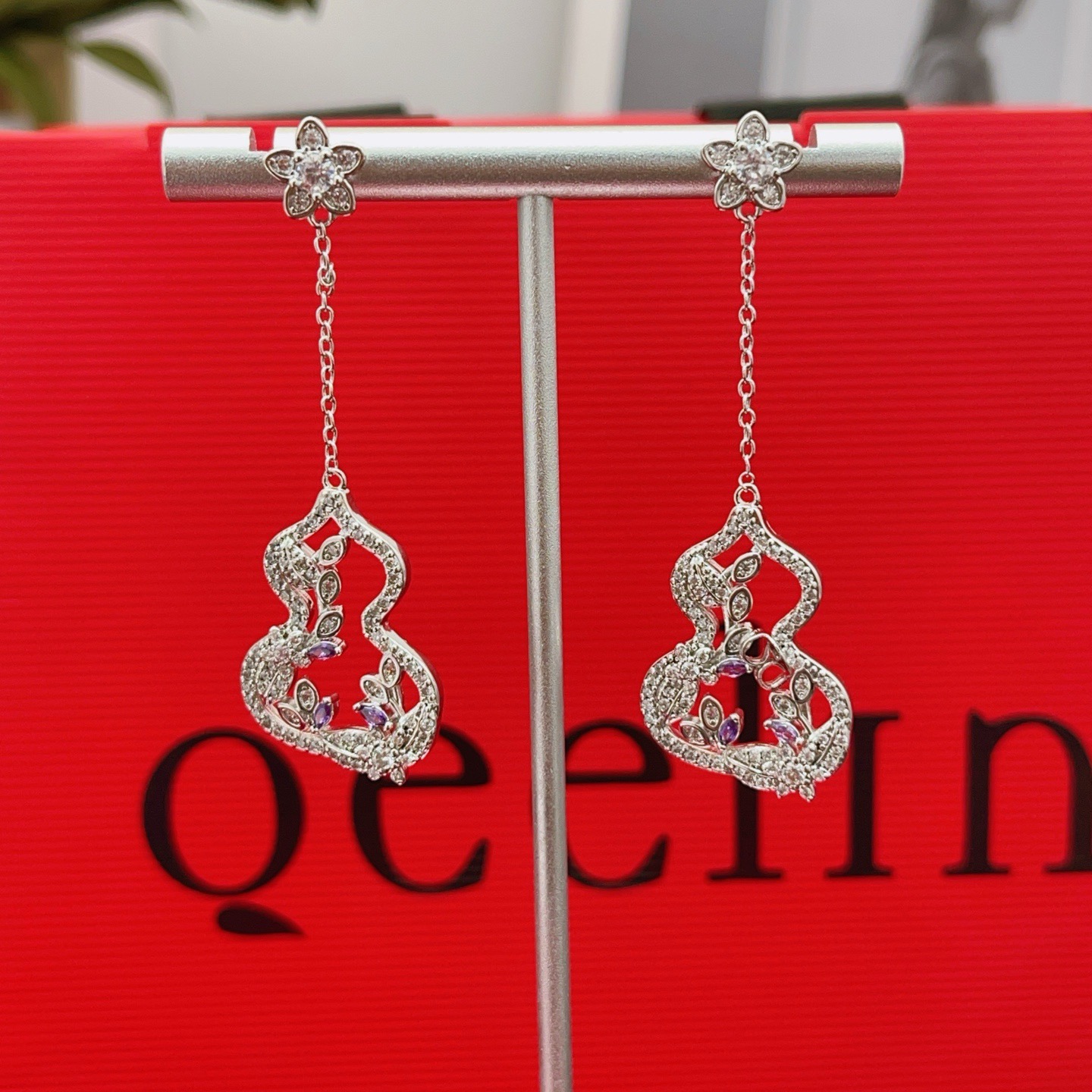 Qeelin Wulu earrings silver-toned white gold with clear diamonds and purple gemstones 4 5cm drop length
