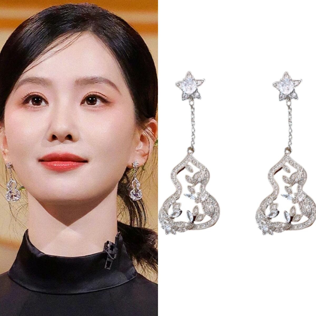 Qeelin Wulu earrings silver-toned white gold with clear diamonds and purple gemstones 4 5cm drop length