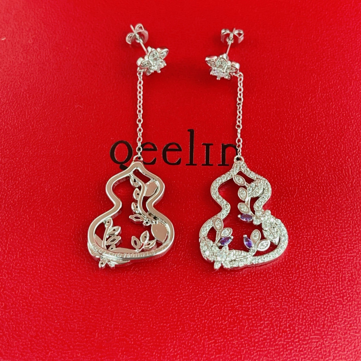 Qeelin Wulu earrings silver-toned white gold with clear diamonds and purple gemstones 4 5cm drop length