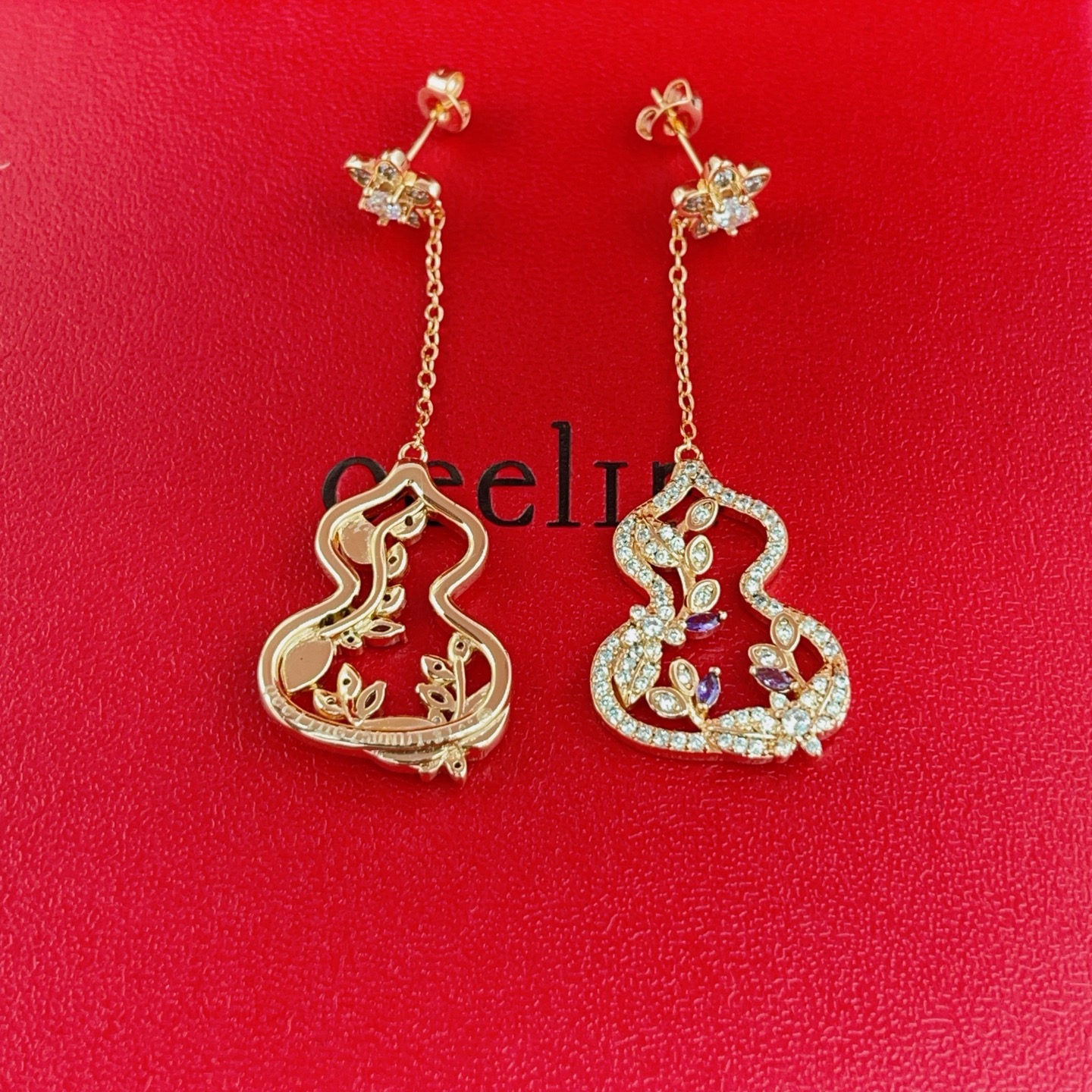 Qeelin Wulu Garden earrings Rose gold with clear diamonds and purple gemstones 4 5cm drop length