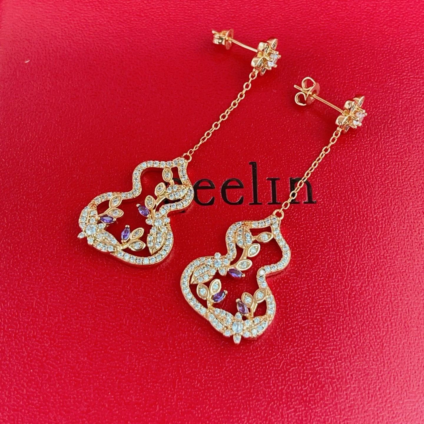 Qeelin Wulu Garden earrings Rose gold with clear diamonds and purple gemstones 4 5cm drop length
