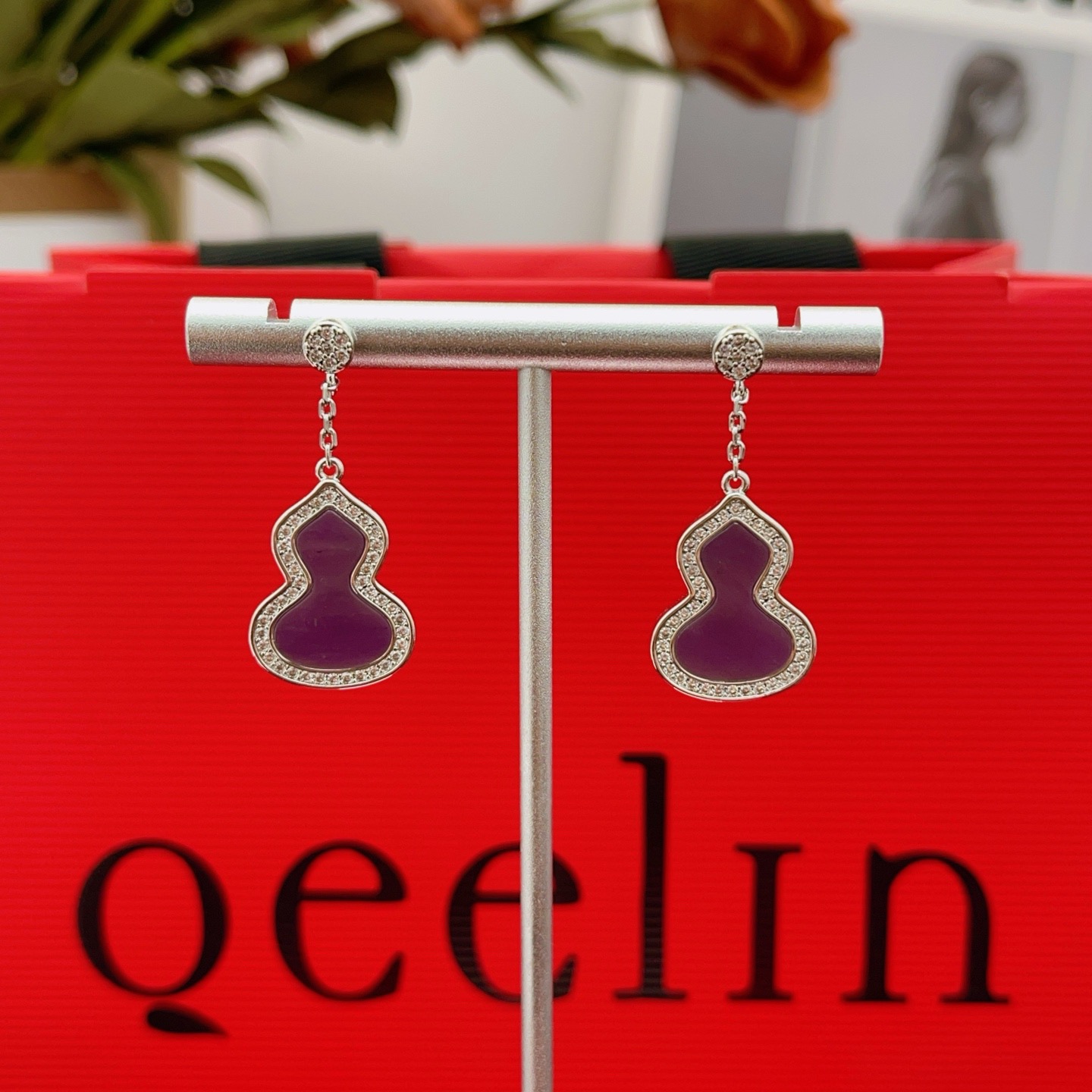 Qeelin Wulu earrings 18K white gold purple gemstone diamond accents 1 5cm drop length