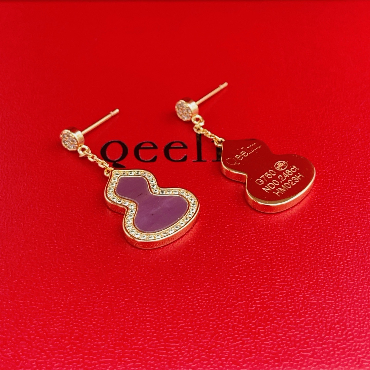 Qeelin Wulu earrings 18K rose gold purple gemstone clear diamond accents 2 2cm drop length