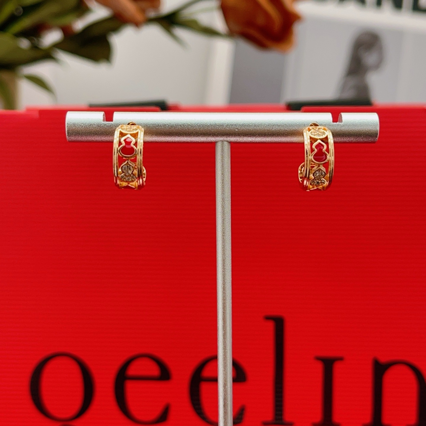 Qeelin Wulu earrings 18K rose gold with red enamel and clear diamonds 10mm hoop diameter