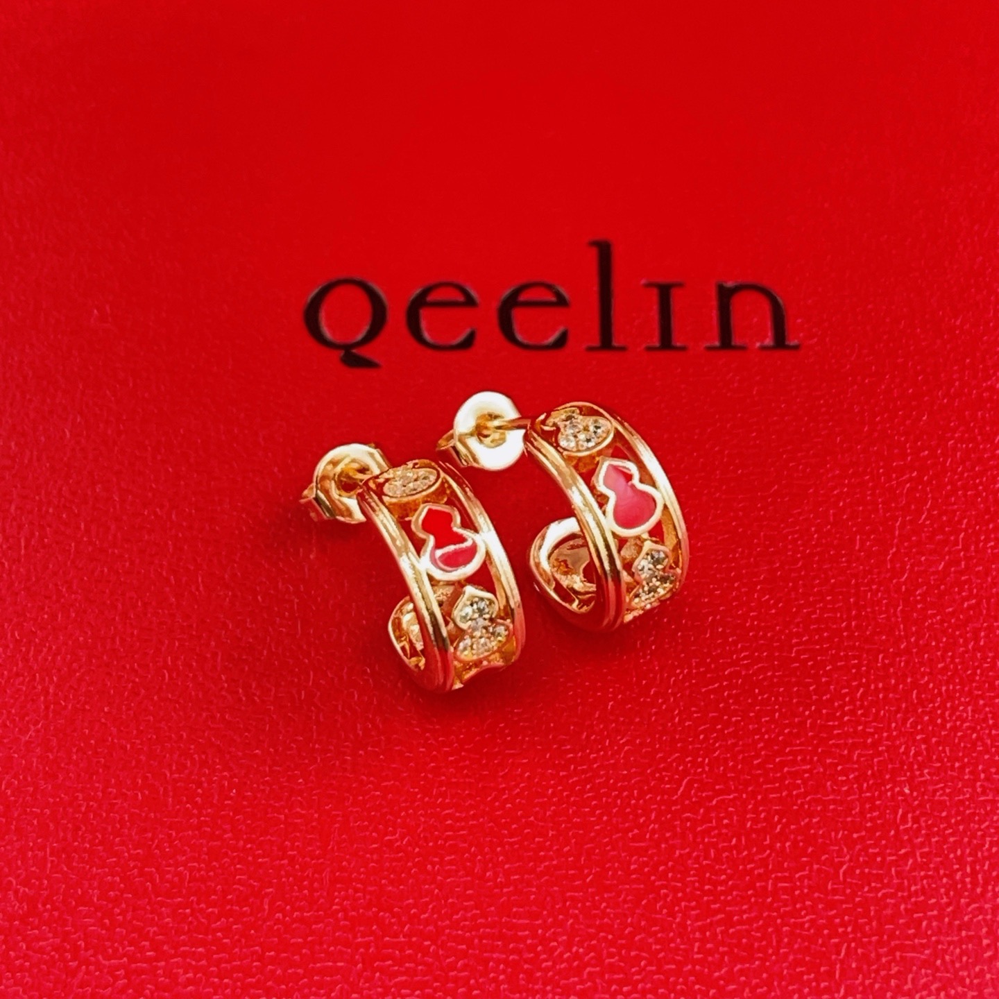 Qeelin Wulu earrings 18K rose gold with red enamel and clear diamonds 10mm hoop diameter