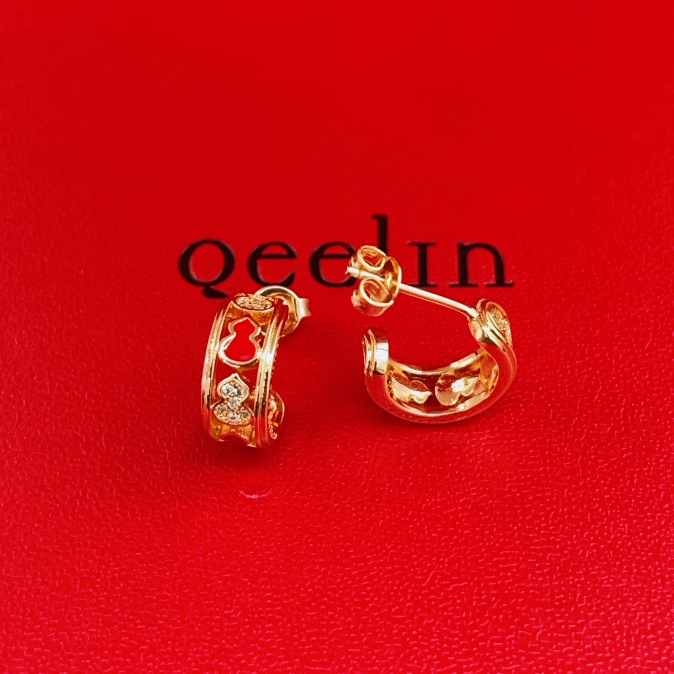 Qeelin Wulu earrings 18K rose gold with red enamel and clear diamonds 10mm hoop diameter