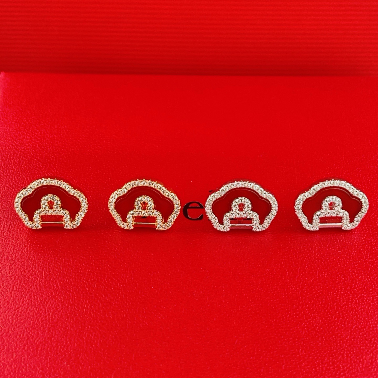 Qeelin Yu Yi earrings silver-toned white gold with clear pave diamonds and red carnelian inlay 10mm stud diameter