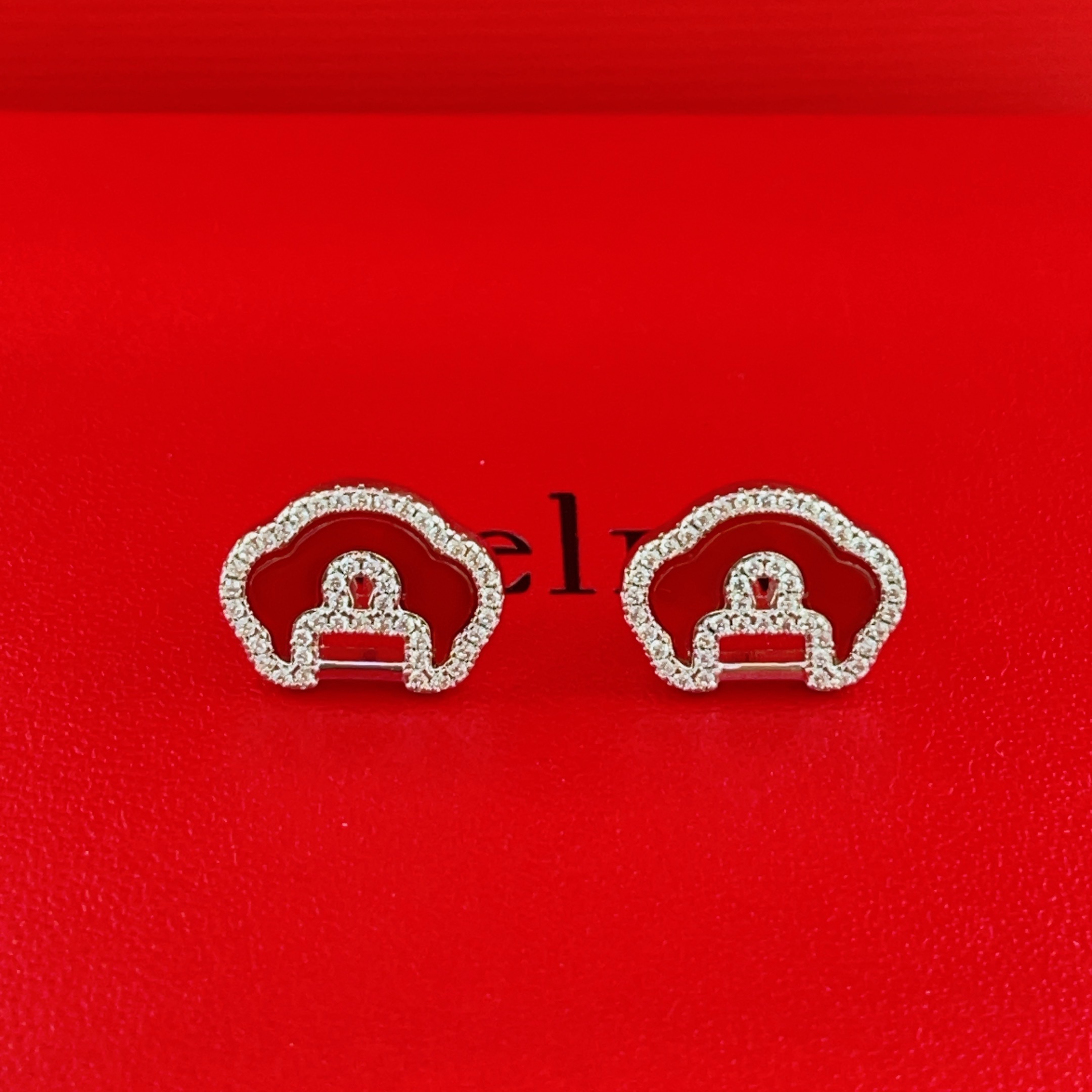 Qeelin Yu Yi earrings silver-toned white gold with clear pave diamonds and red carnelian inlay 10mm stud diameter