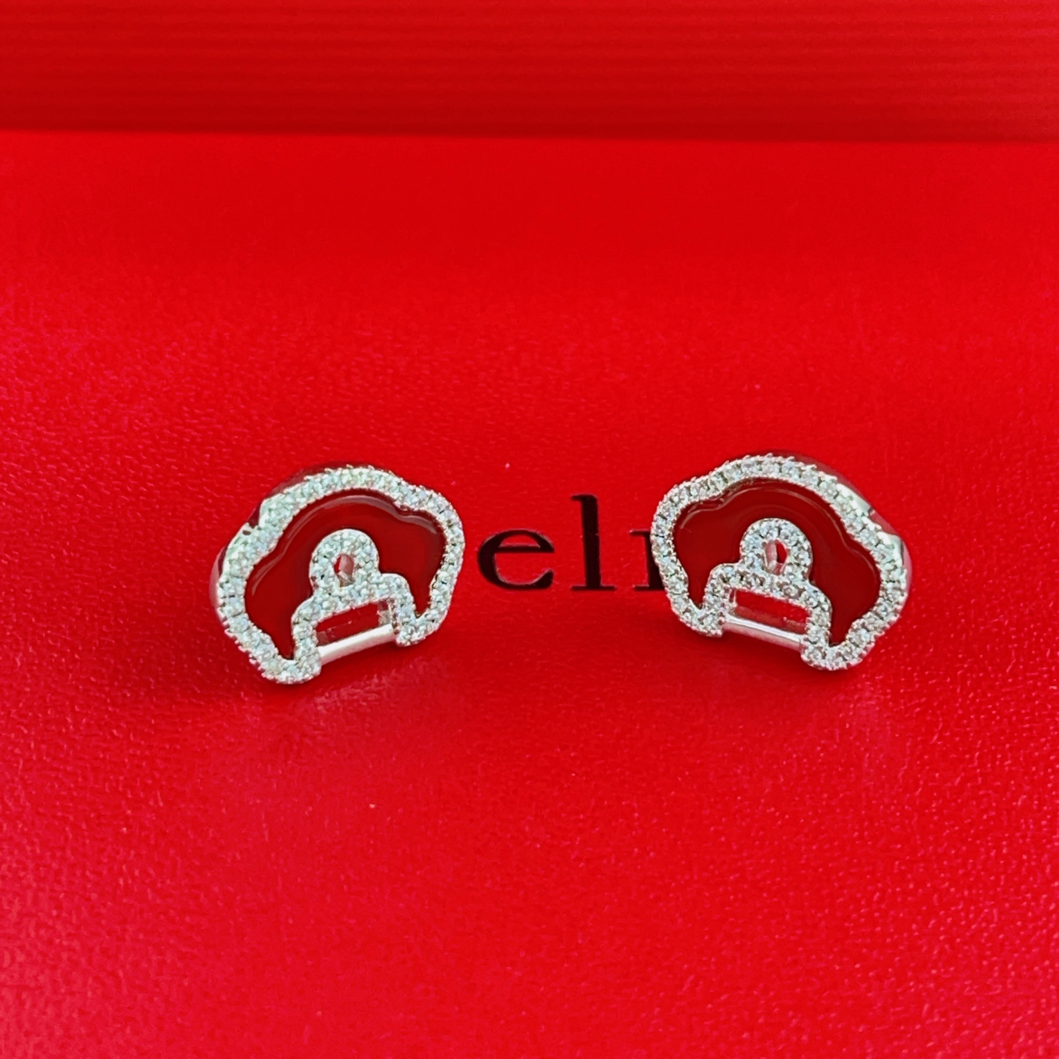 Qeelin Yu Yi earrings silver-toned white gold with clear pave diamonds and red carnelian inlay 10mm stud diameter