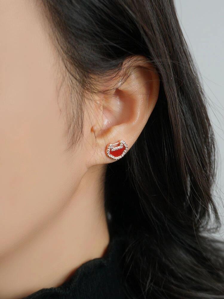 Qeelin Yu Yi earrings silver-toned white gold with clear pave diamonds and red carnelian inlay 10mm stud diameter