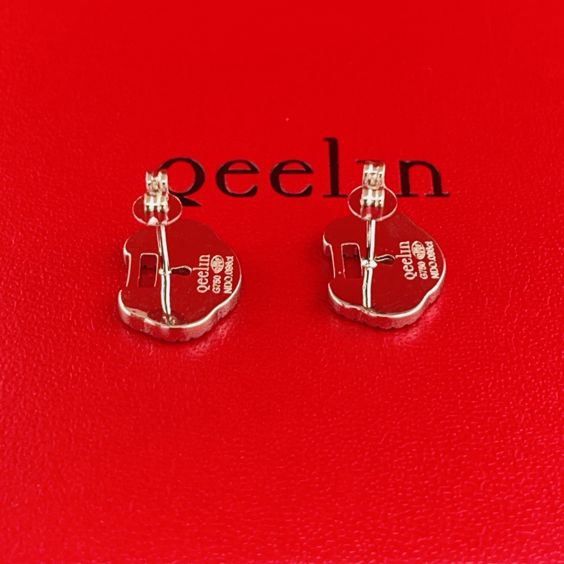 Qeelin Yu Yi earrings silver-toned white gold with clear pave diamonds and red carnelian inlay 10mm stud diameter