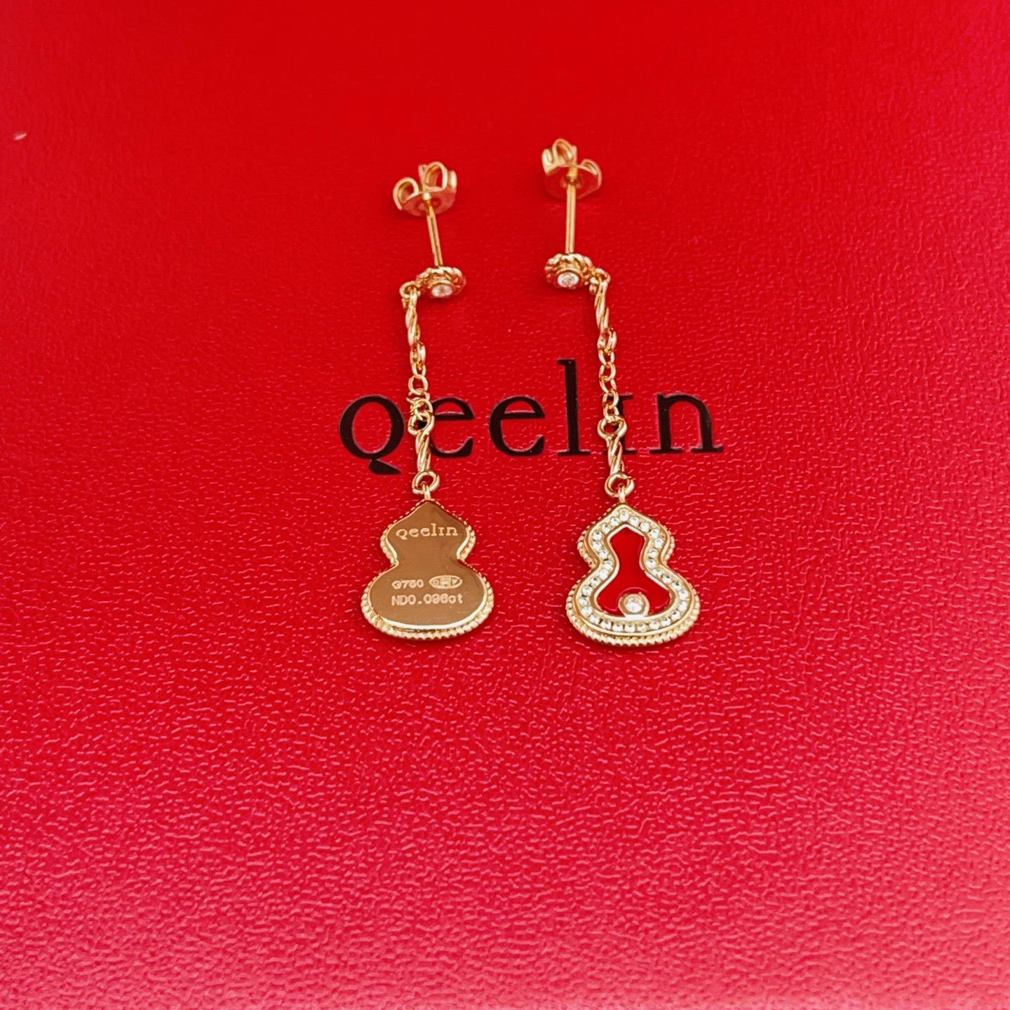 Qeelin Wulu earrings 18K rose gold red agate clear diamond 3 5cm drop length