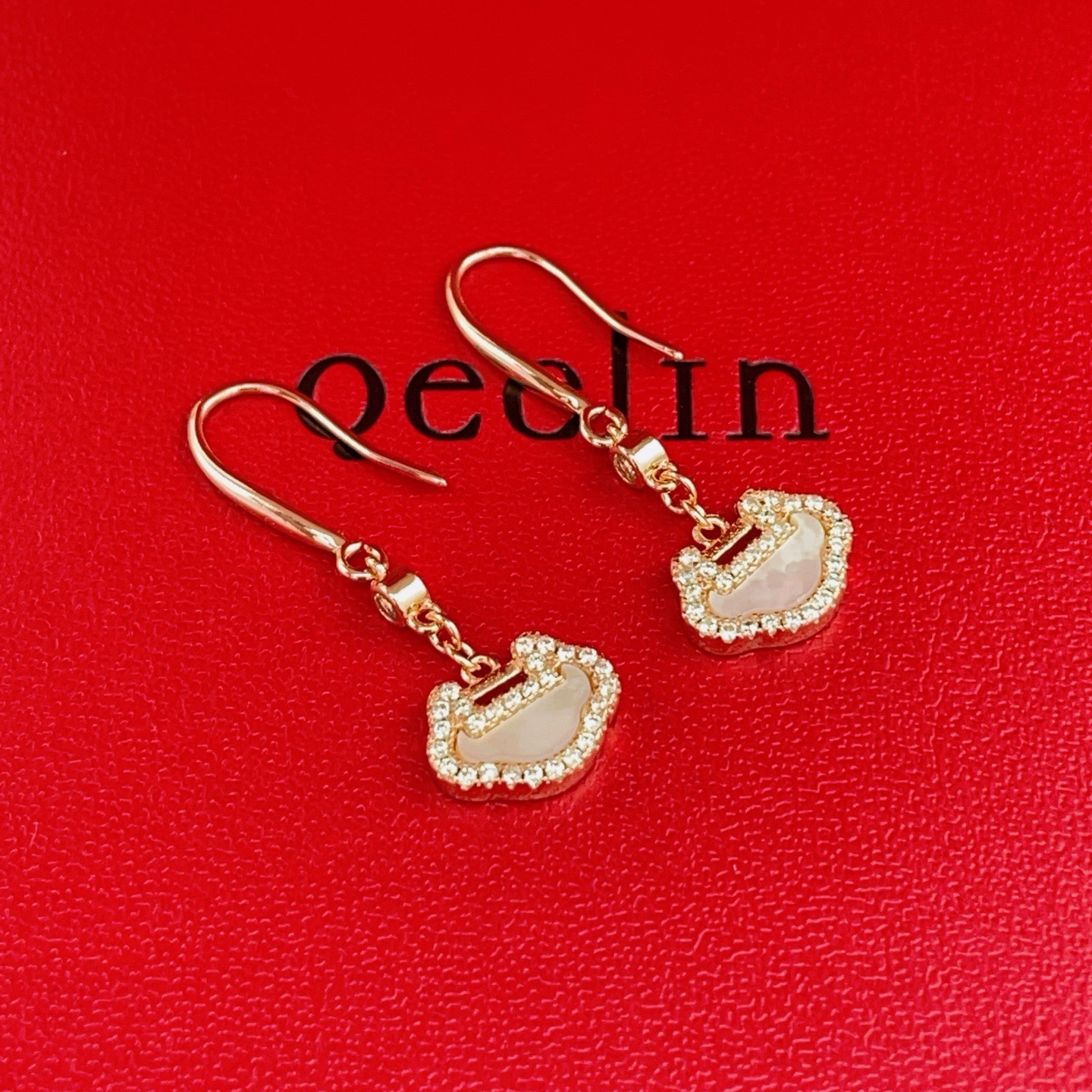 Qeelin Yu Yi earrings 18K rose gold white mother-of-pearl clear diamond accents 2 5cm drop length