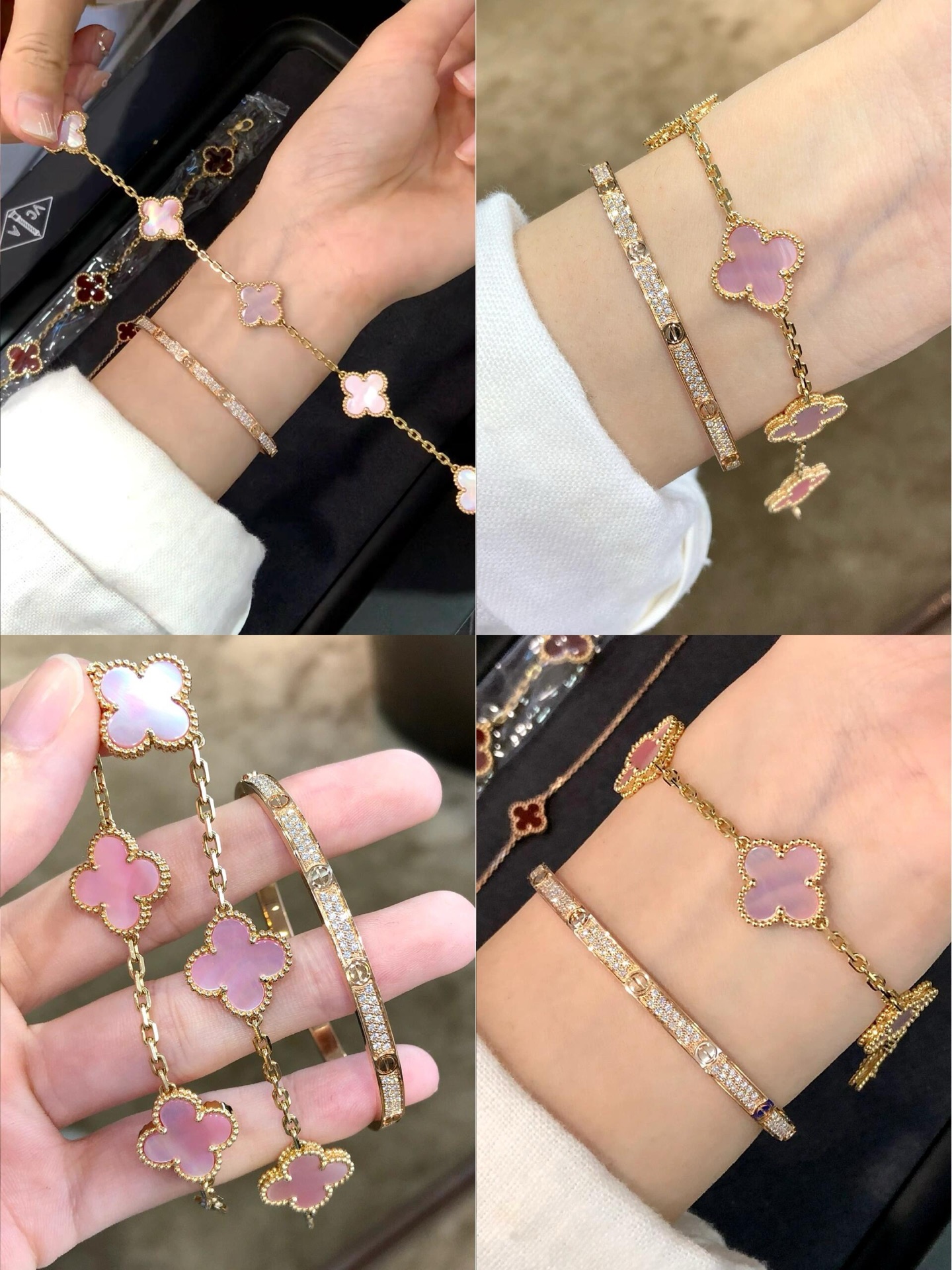Bracciale Van Cleef Arpels Alhambra Oro rosa con madreperla bianca e rosa 18 cm