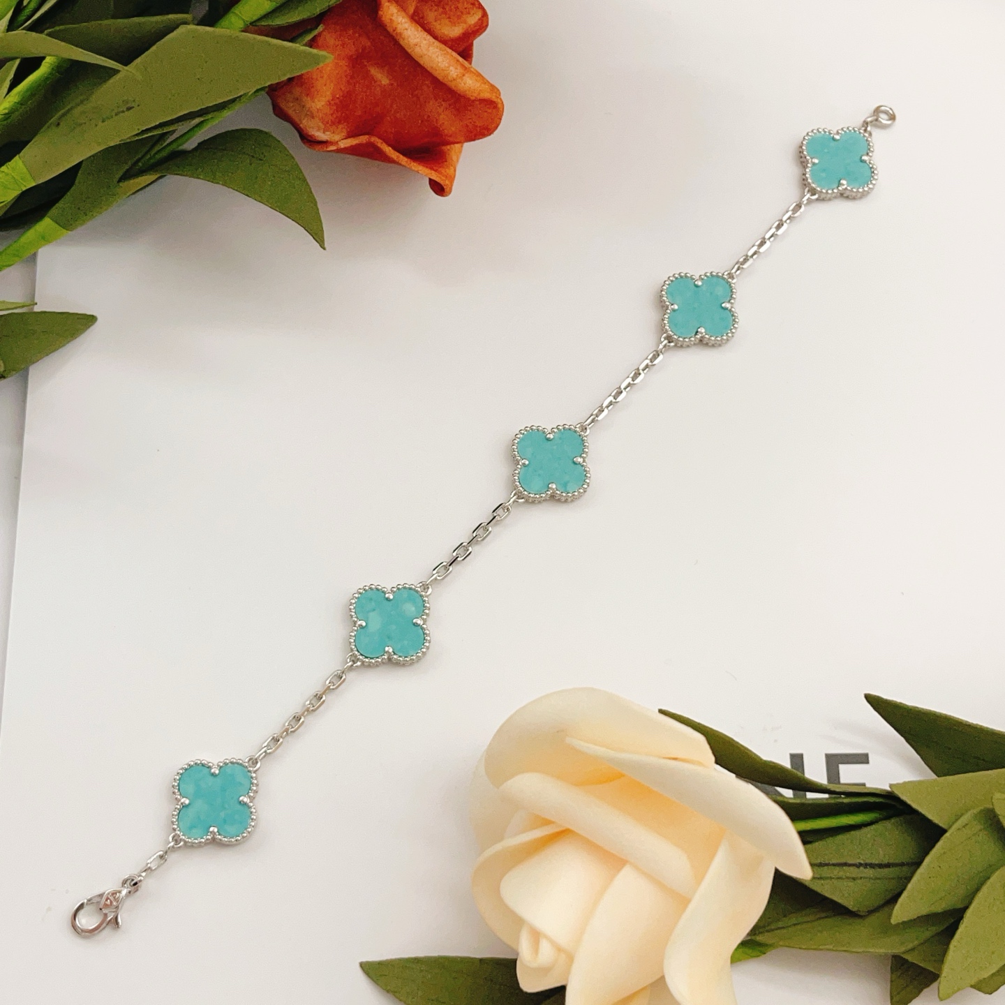 Van Cleef Arpels Alhambra braceracelet white gold with turquoise clover motifs 18cm bracelet