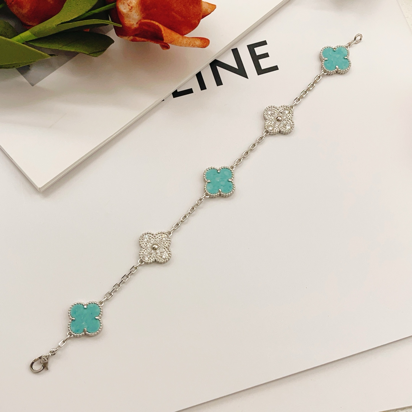 Van Cleef Arpels Vintage Alhambra bracelet White gold turquoise diamond 17cm