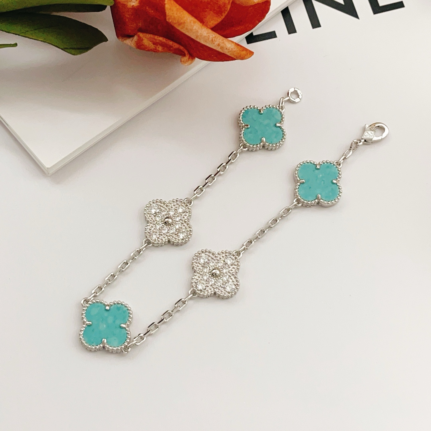 Van Cleef Arpels Vintage Alhambra bracelet White gold turquoise diamond 17cm